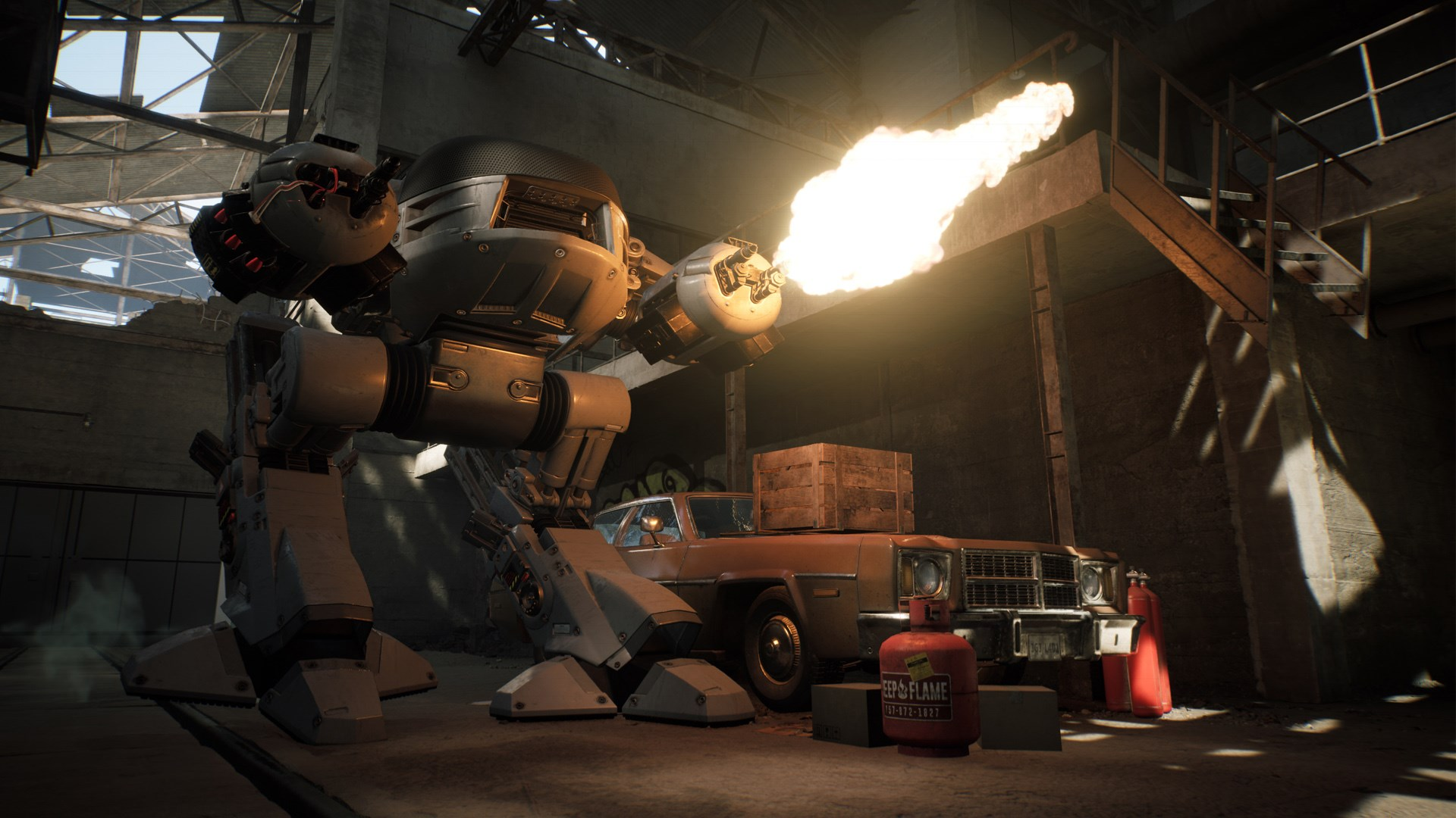 Un robot mécha tire des flammes dans un garage. Une voiture, une bonbonne de gaz et des escaliers sont en arrière-plan.