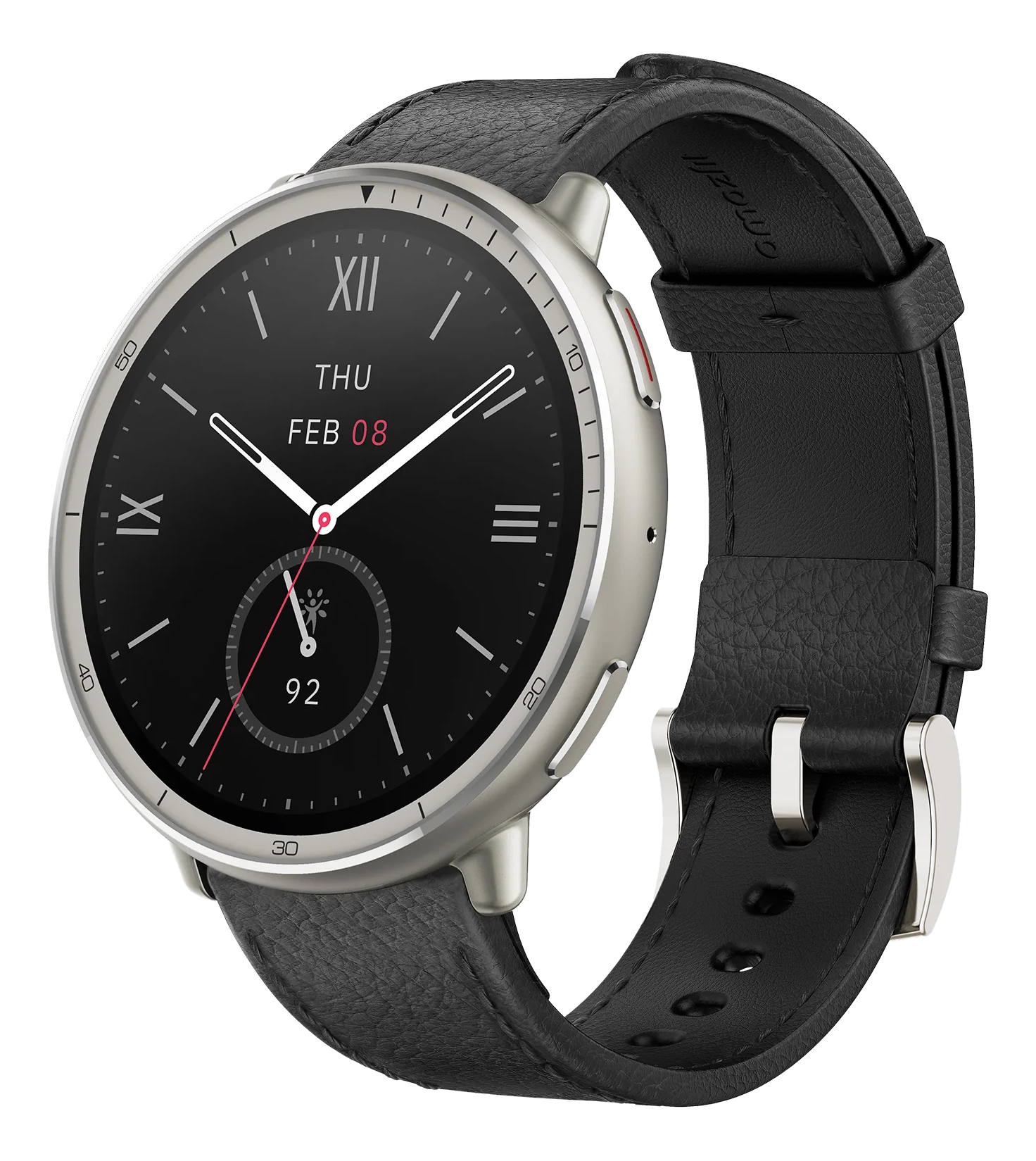 Eine silberne Smartwatch mit schwarzem Zifferblatt, das Datum, Uhrzeit und Herzfrequenz anzeigt. Sie hat ein schwarzes Lederarmband auf schwarzem Hintergrund.