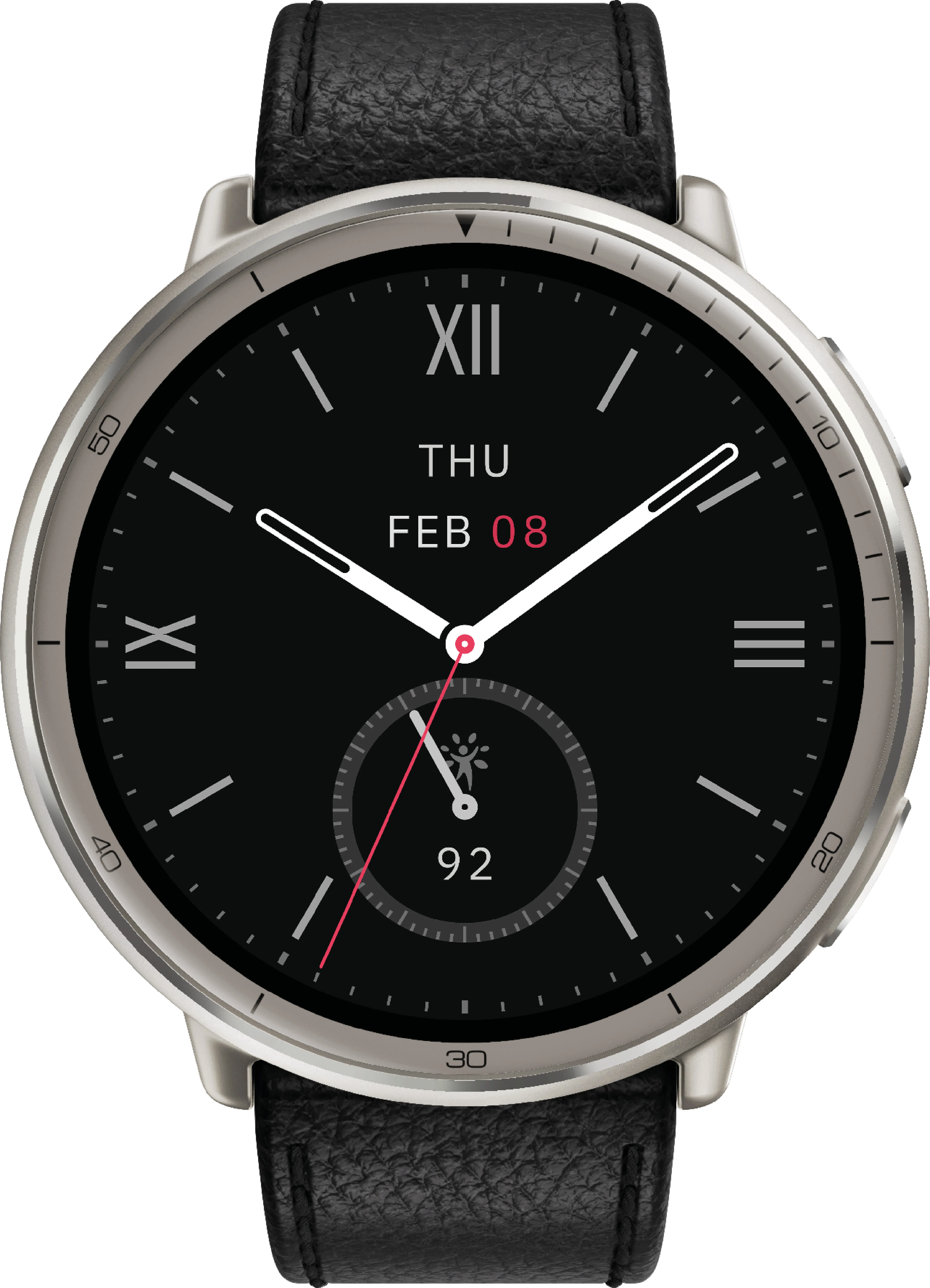 Eine Smartwatch mit schwarzem Zifferblatt, silberner Lünette und schwarzem Lederarmband. Das Datum ist 08. Feb.