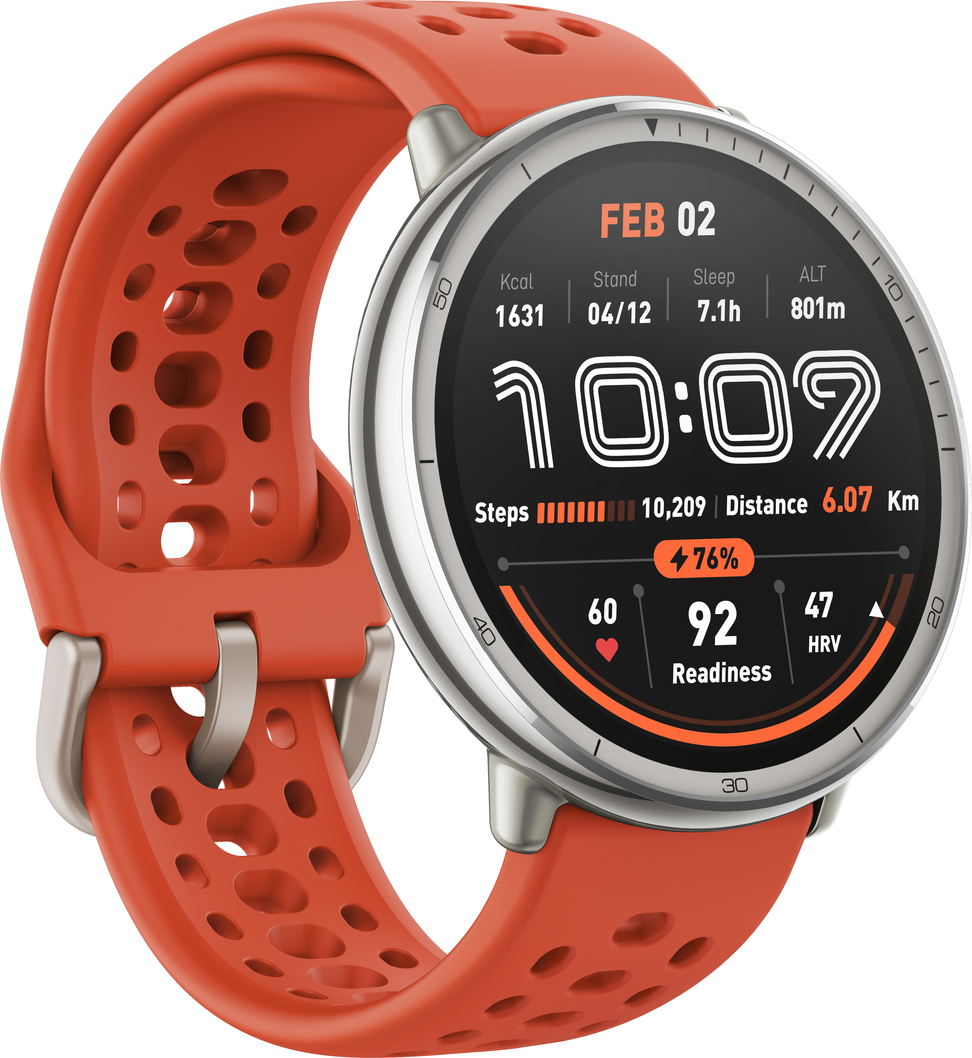 Eine Smartwatch mit rotem Armband, die Zeit, Datum und Gesundheitsmetriken wie Schritte, Distanz und Bereitschaft anzeigt.