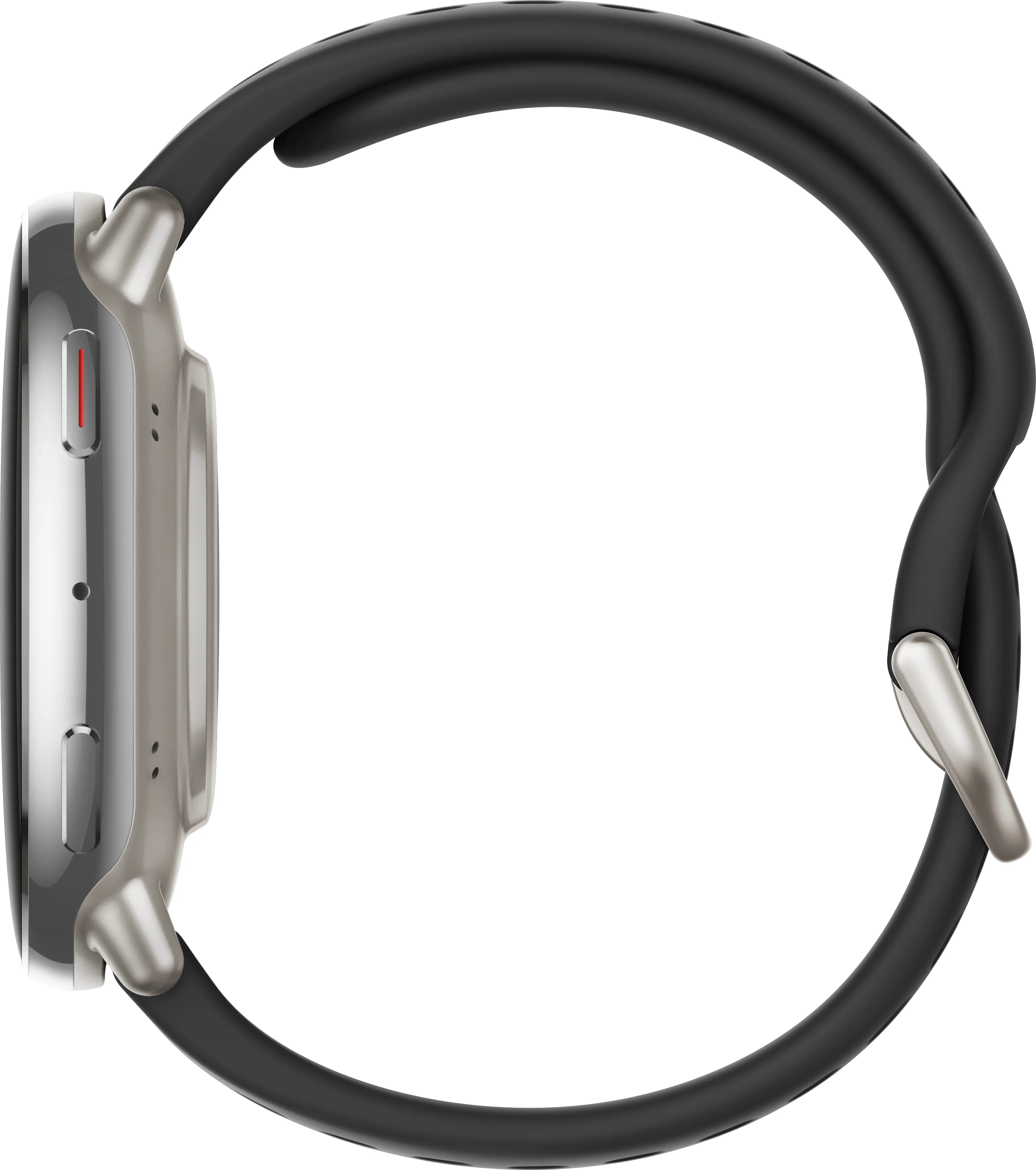 Seitenansicht einer Smartwatch mit schwarzem Armband. Das Zifferblatt ist silberfarben mit schwarzer Lünette, auf weißem Hintergrund.