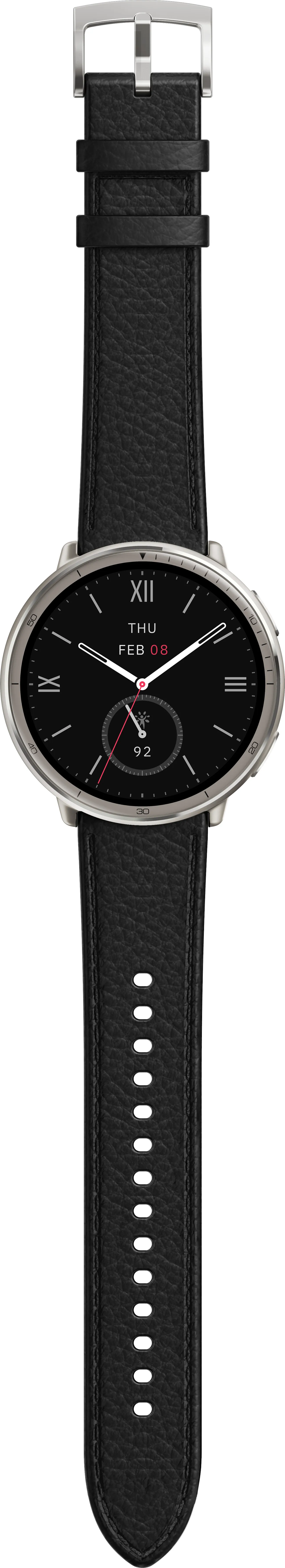 Eine schwarze Lederuhr mit silbernem Gehäuse. Das Zifferblatt zeigt Datum und Uhrzeit. Das Band wird durch eine Schnalle verbunden.