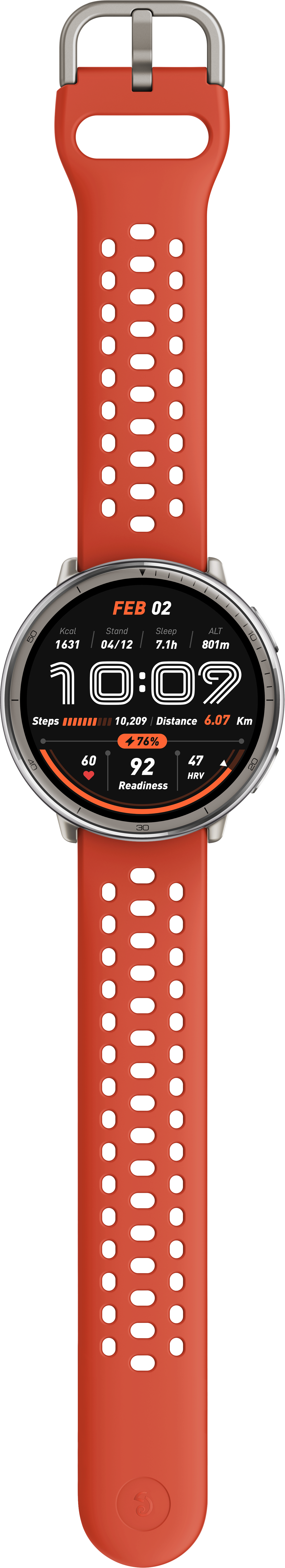 Eine orangefarbene Smartwatch zeigt Zeit, Schritte und Bereitschaft an. Das Armband ist orange mit Löchern und einer silbernen Schnalle.