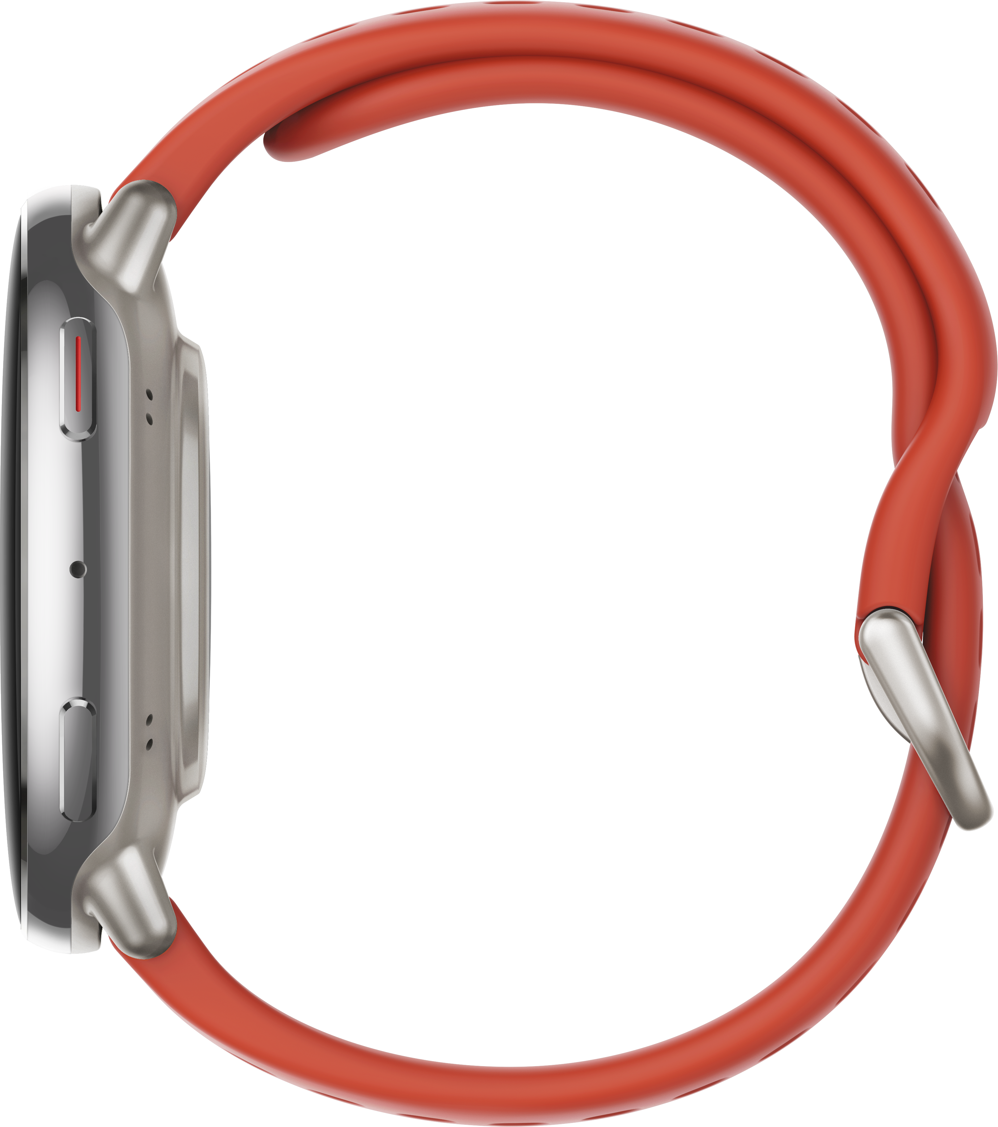 Seitenansicht einer Smartwatch mit rotem Armband. Die Uhr ist silberfarben mit schwarzem Hintergrund.