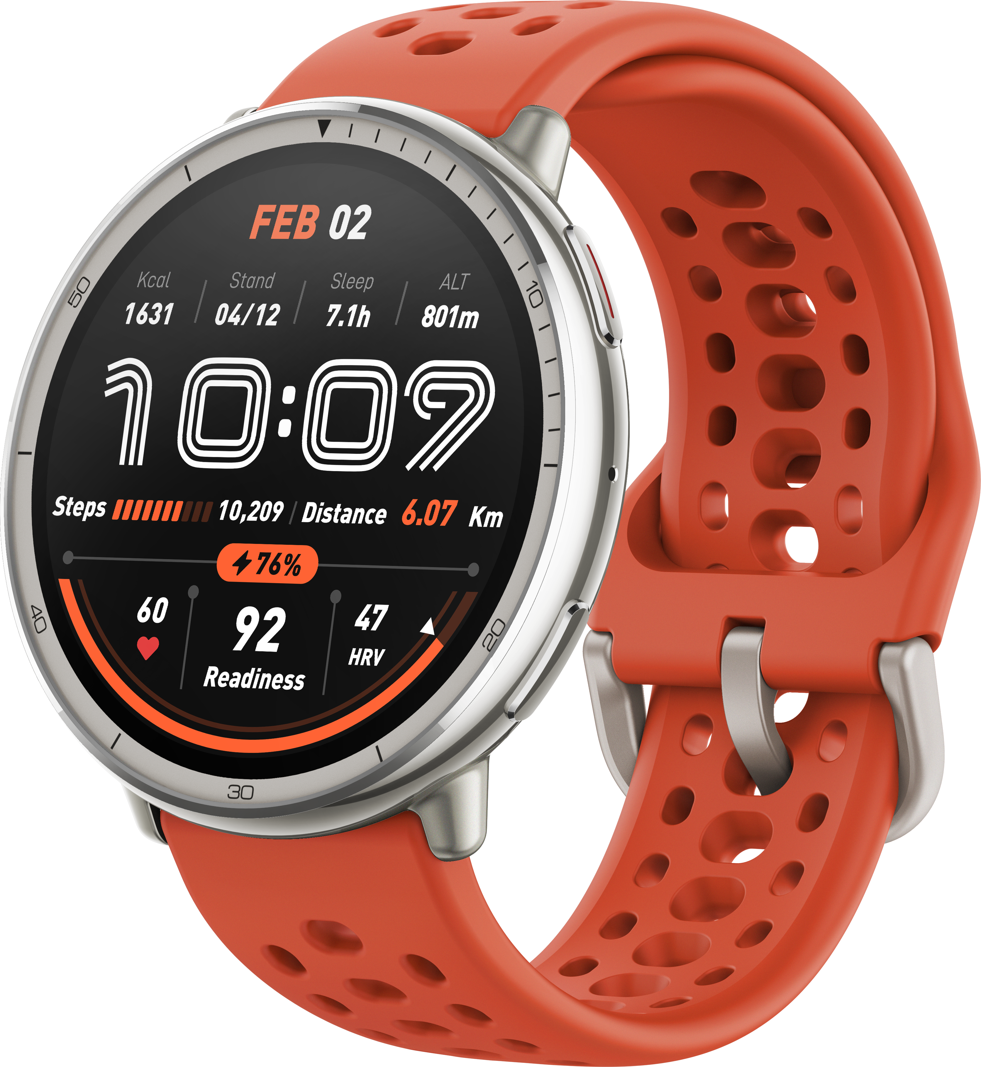 Eine Smartwatch mit rotem Armband. Das Zifferblatt zeigt Zeit und Gesundheitsdaten, darunter Schritte, Distanz und Bereitschaftsprozentsatz.