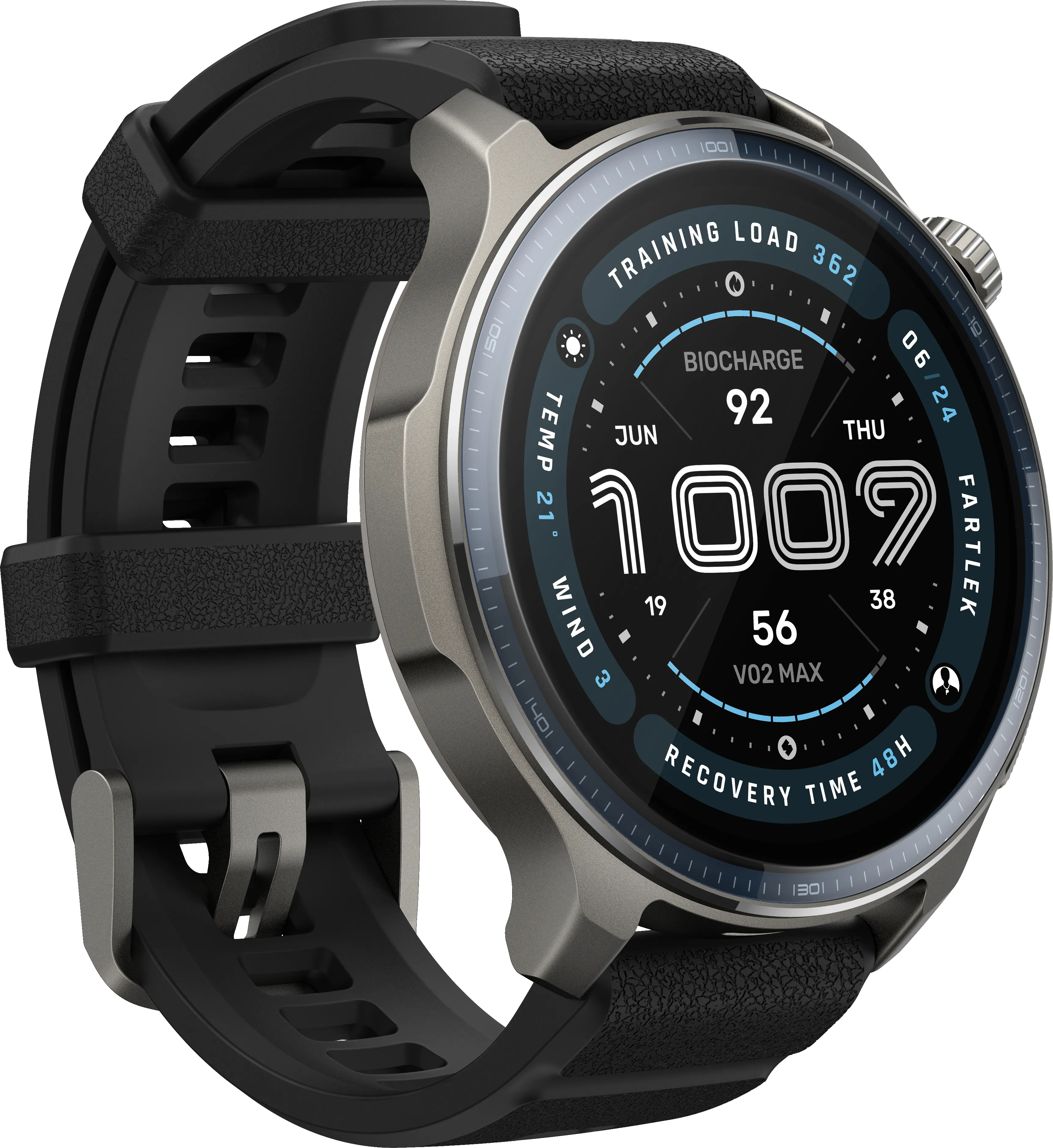 Uno smartwatch con cinturino nero e cassa in metallo grigio. Il quadrante mostra dati, tra cui tempo e metriche di salute.