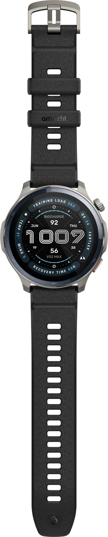 Primo piano di uno smartwatch con cinturino nero, che mostra dati e il logo Amazfit.