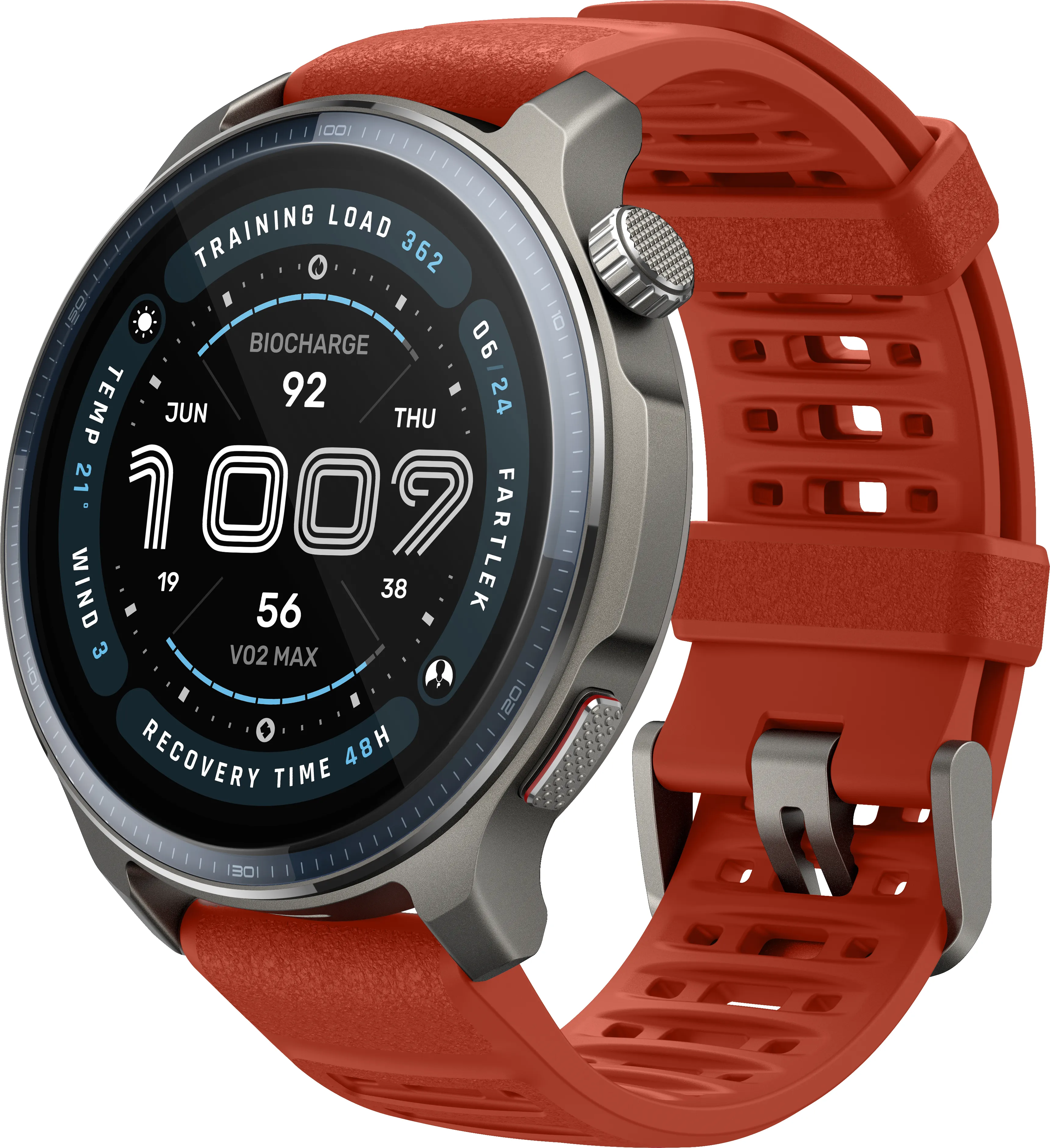 Uno smartwatch con cinturino rosso. Il quadrante mostra dati come carico di allenamento, bio-carica e ora.