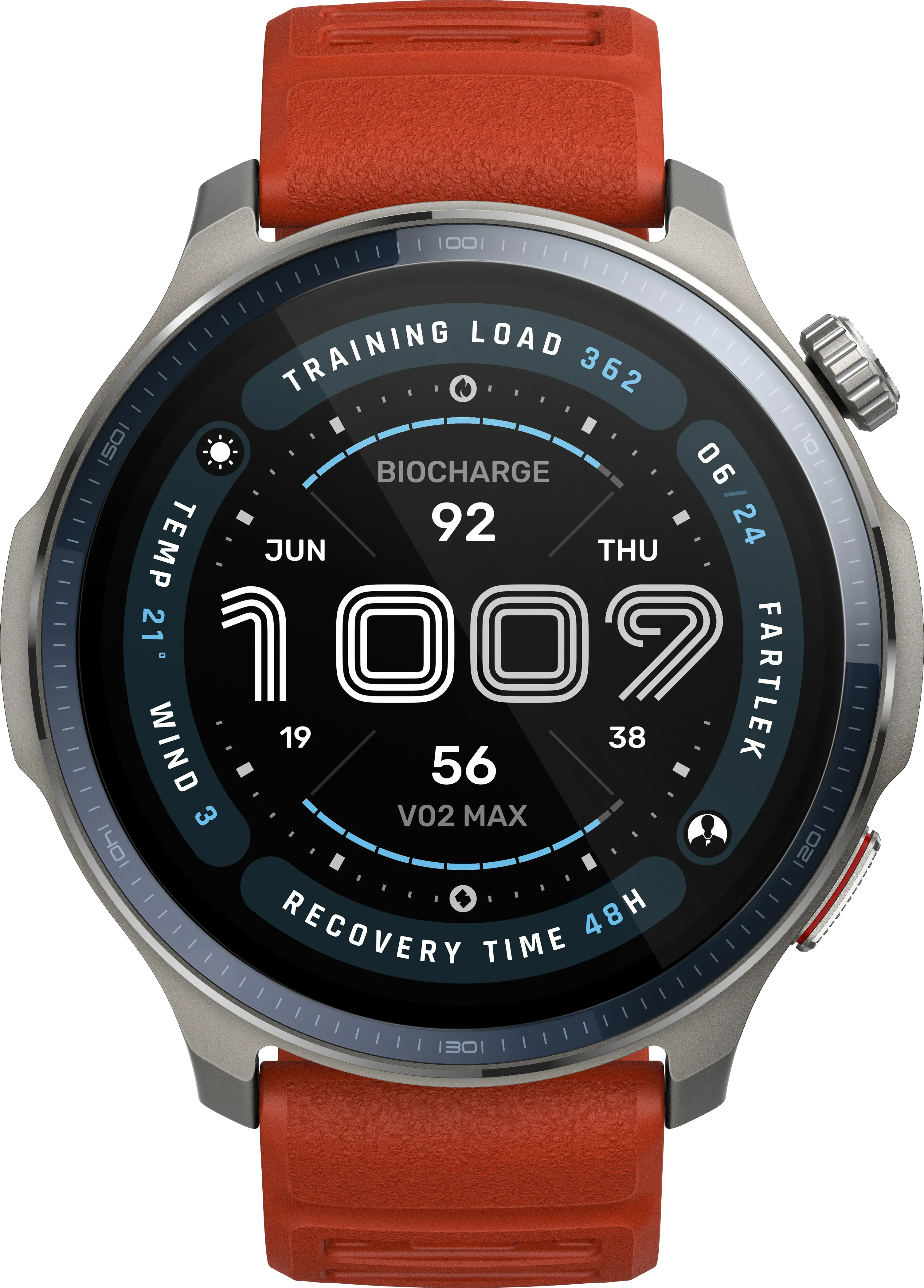 Uno smartwatch con cinturino rosso. Il quadrante mostra dati sanitari, tra cui ora, data e carico di allenamento.