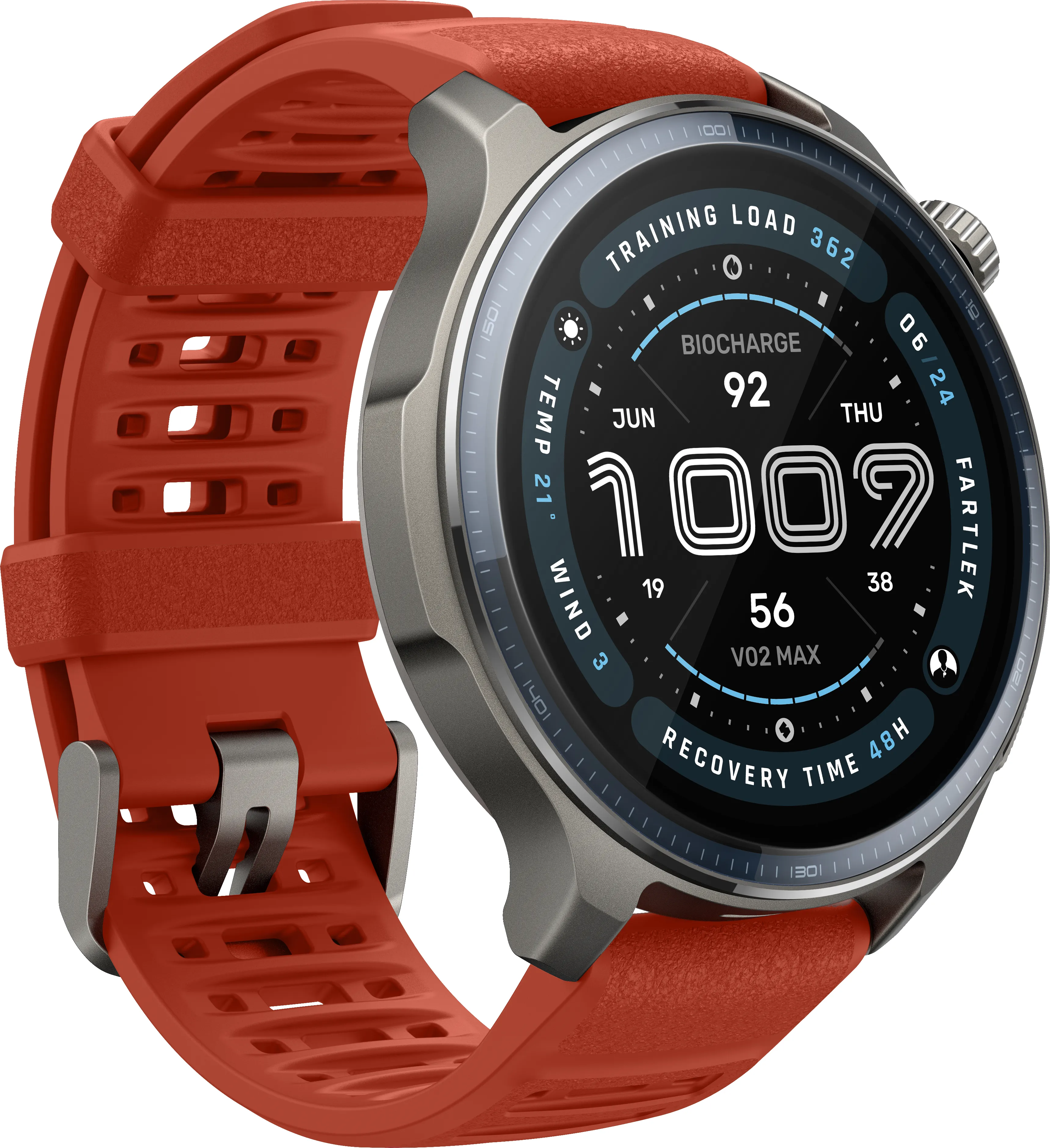 Uno smartwatch con cinturino rosso. Il quadrante mostra le metriche di salute: ora, biocharge e tempo di recupero.
