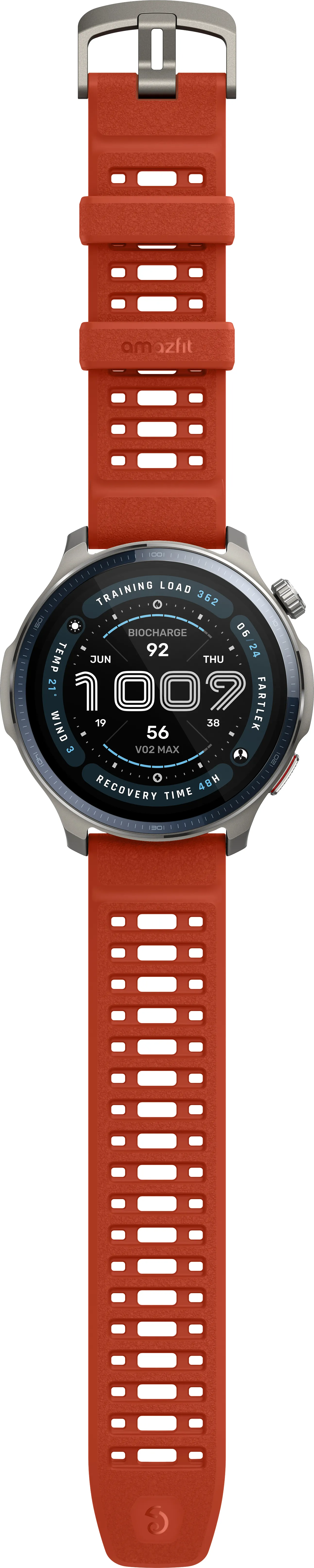 Uno smartwatch con cinturino rosso. Il quadrante mostra dati. Il cinturino è strutturato.