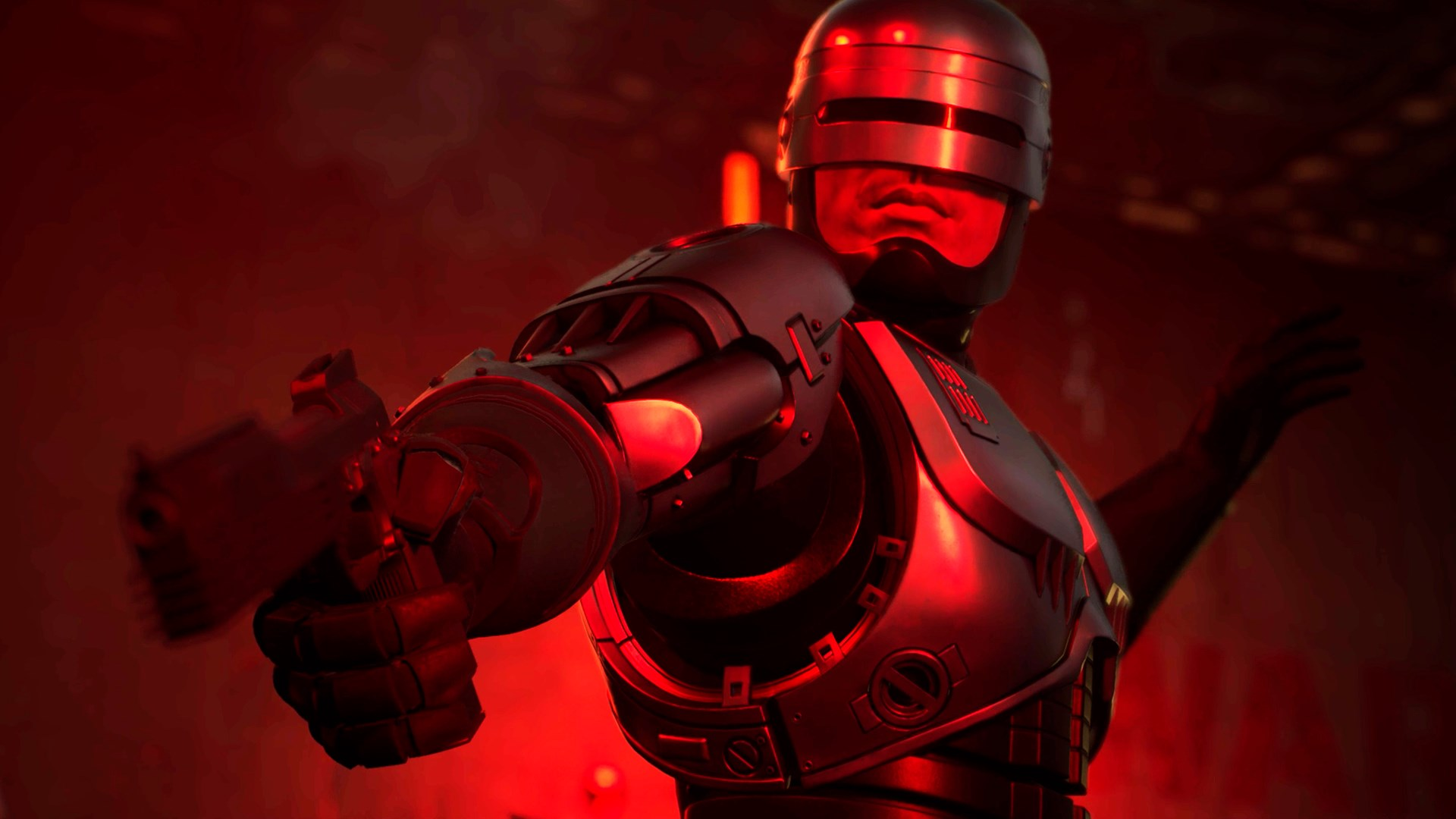 RoboCop dans un environnement rouge, tenant une arme à feu, pointant vers l'avant. La scène est sombre avec des teintes rouges.