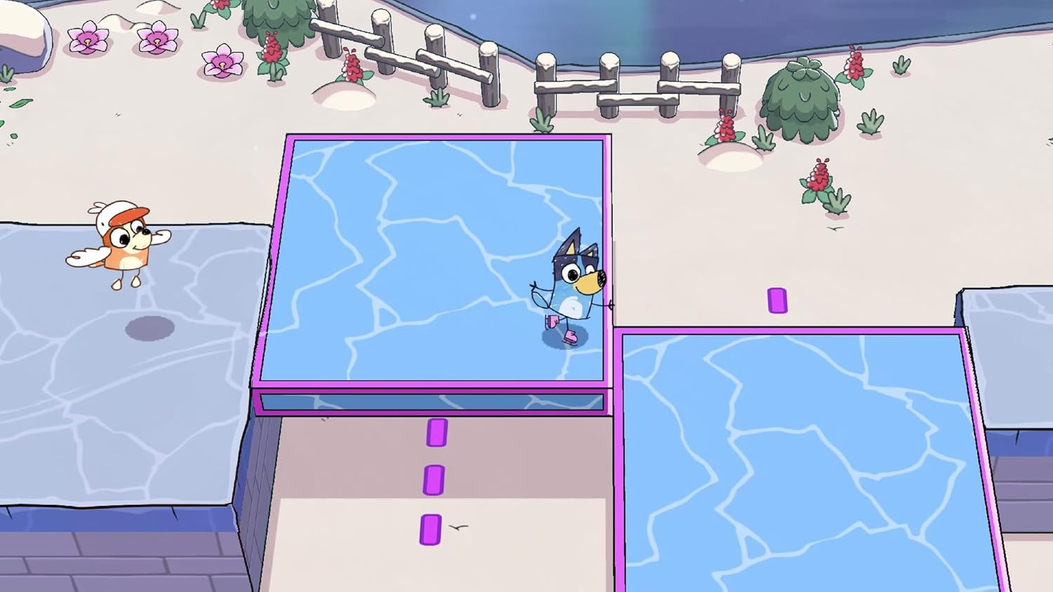 Bluey e un uccello con un cappello sono sul ghiaccio. Bordi rosa circondano il ghiaccio. Fiori e cespugli sullo sfondo.