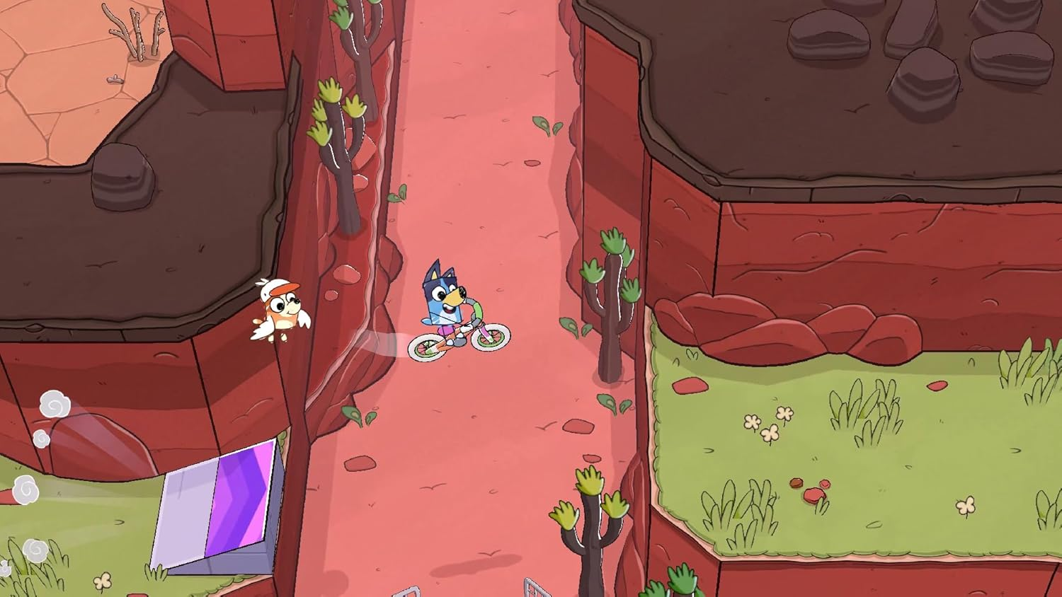 Bluey in bicicletta percorre un sentiero del canyon rosso, un gufo vola sopra. Muri di roccia rossa, piante verdi e una struttura viola sono visibili.