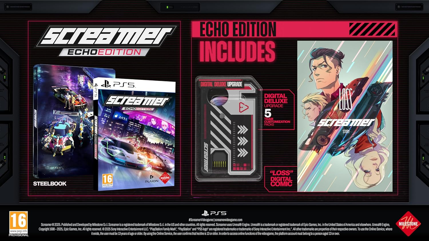 L'image présente le jeu 'Screamer Echo Edition', une carte de mise à niveau numérique deluxe et une illustration de bande dessinée.