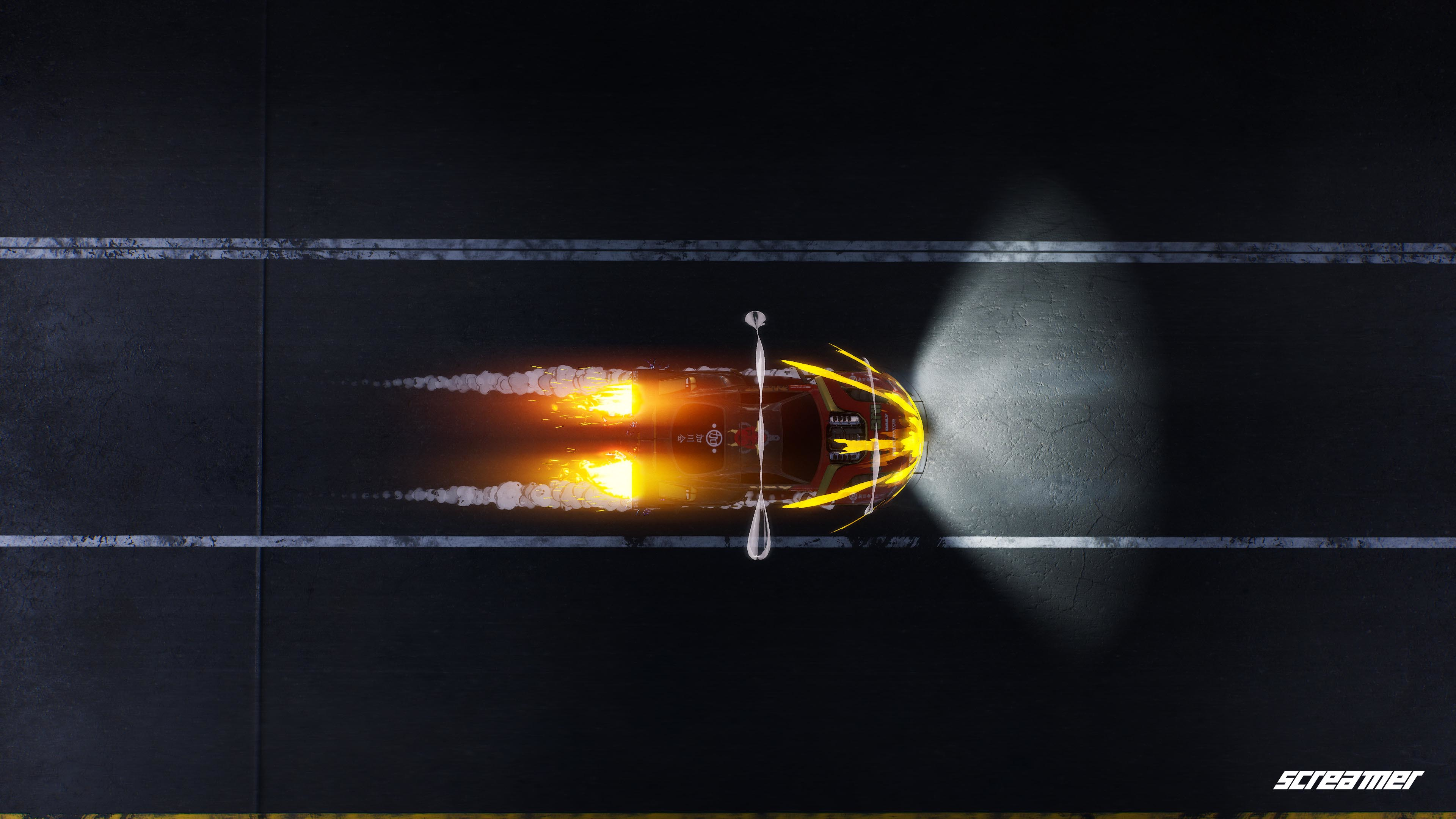 Un véhicule futuriste sur une piste, avec des jets jaune et orange vif. Des lignes blanches et de l'asphalte sombre sont visibles.