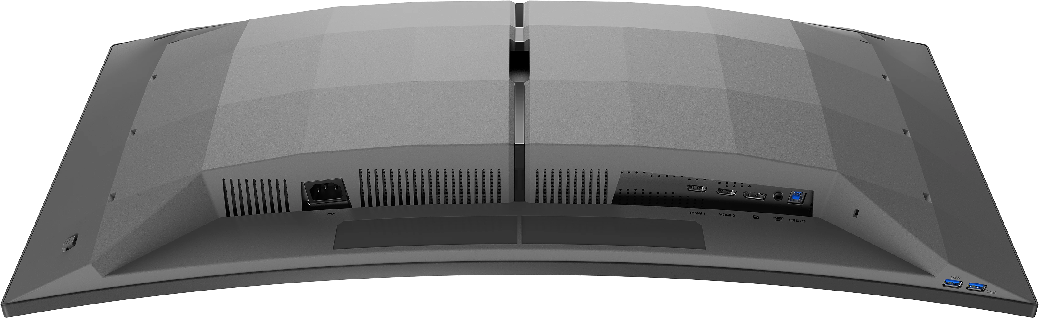 L'arrière d'un écran incurvé gris montre des ports, des fentes d'aération et une connexion d'alimentation. Il a un design géométrique.