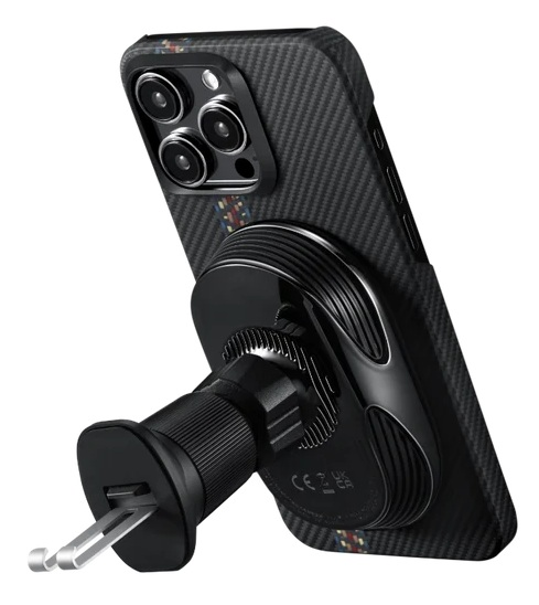 Czarny iPhone z karbonowym etui i uchwytem samochodowym z klipsem wentylacyjnym.
