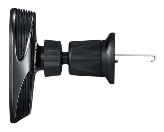 Czarny uchwyt z hakiem i żebrowaną powierzchnią, na białym tle.
