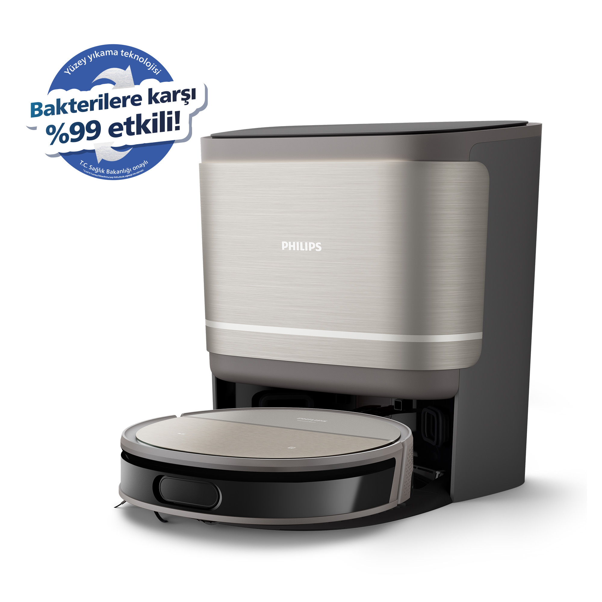 Bir Philips robot süpürge ve şarj istasyonu. Süpürge altın ve siyahtır. İstasyon gri ve siyahtır ve beyaz bir arka planı vardır.