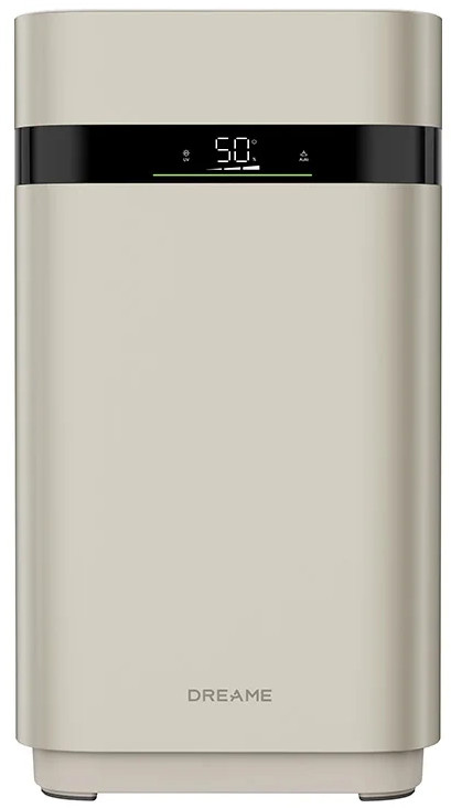 Beżowy oczyszczacz powietrza z czarnym wyświetlaczem pokazującym 50°. Nazwa marki DREAME na dole.