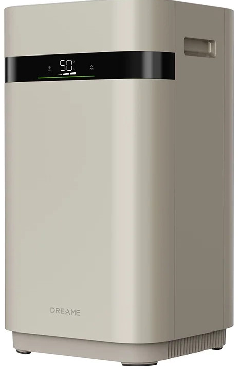 Biały oczyszczacz powietrza z czarnym wyświetlaczem pokazującym '50'. Widoczna marka 'DREAME'. Posiada uchwyt.