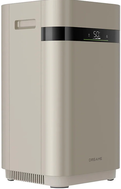 Beżowy oczyszczacz powietrza z czarnym pasem i cyfrowym wyświetlaczem '50'. Marka 'DREAME' na dole.