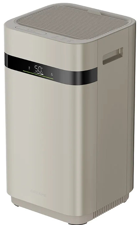 Beżowy oczyszczacz powietrza z cyfrowym wyświetlaczem '50'. Posiada uchwyt i żebrowaną górę.