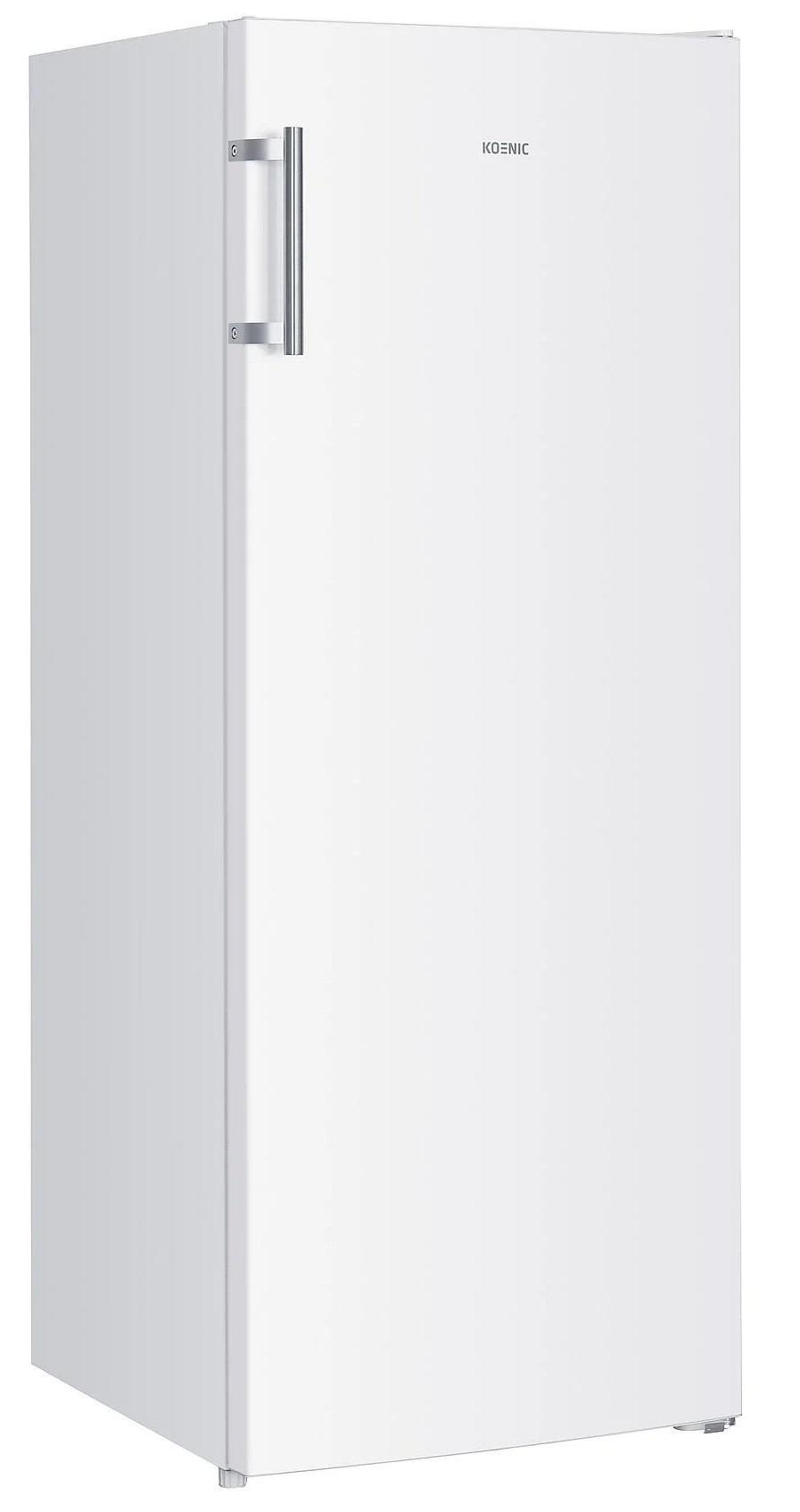 Pokazano białą lodówkę Koenic. Ma srebrny uchwyt, a nazwa marki znajduje się w prawym górnym rogu.