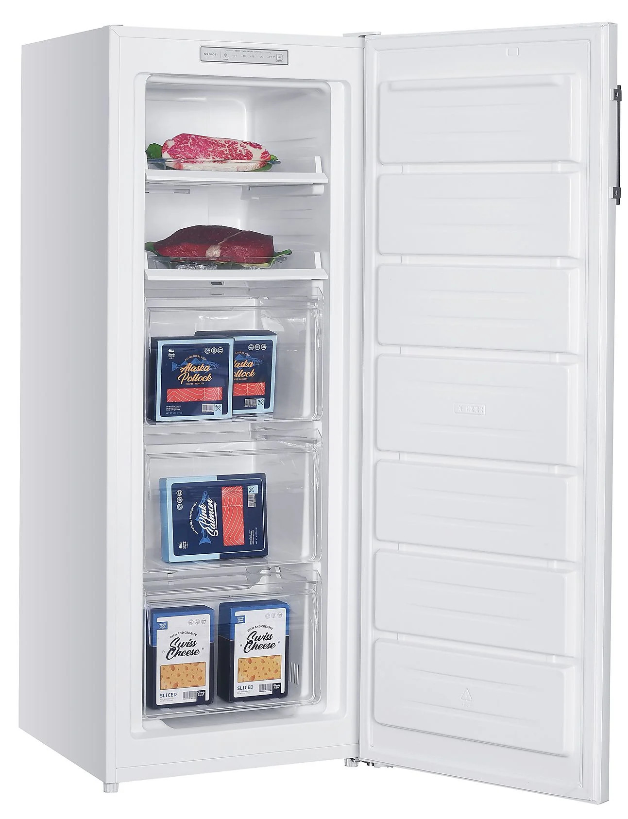 Otwarta biała zamrażarka z produktami: mięso, ryby i ser. Wewnątrz szuflady i półki.