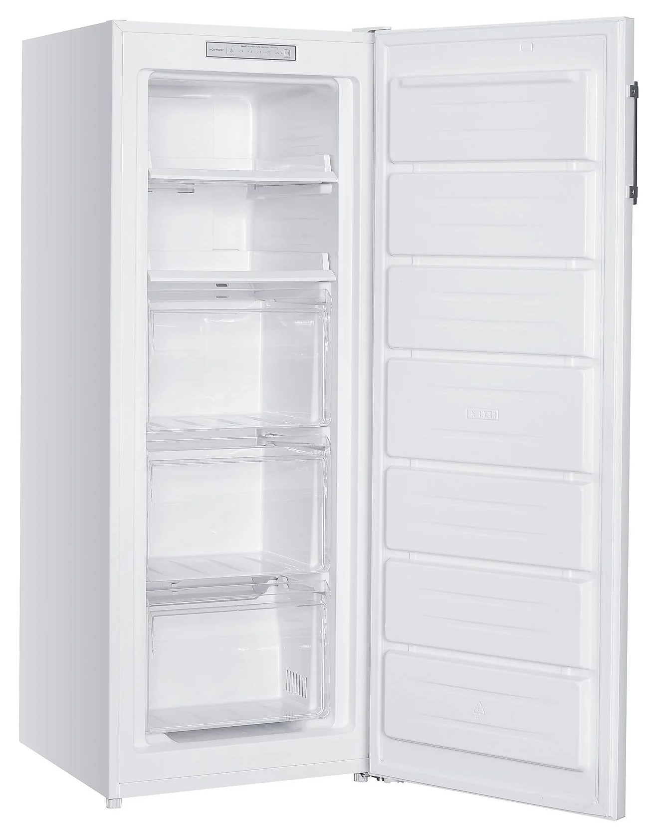 Biała, otwarta zamrażarka z półkami i szufladami. Drzwi są po prawej stronie, odsłaniając wnętrze. Zamrażarka jest pusta.