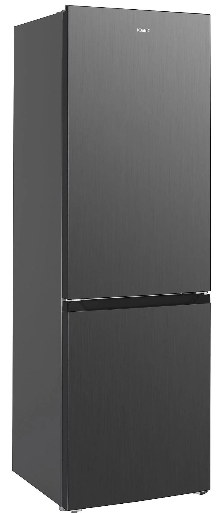 Czarna lodówka Koenic. Jest to model dwudrzwiowy, z zamrażalnikiem na dole. Powierzchnia ma szczotkowaną metalową teksturę.