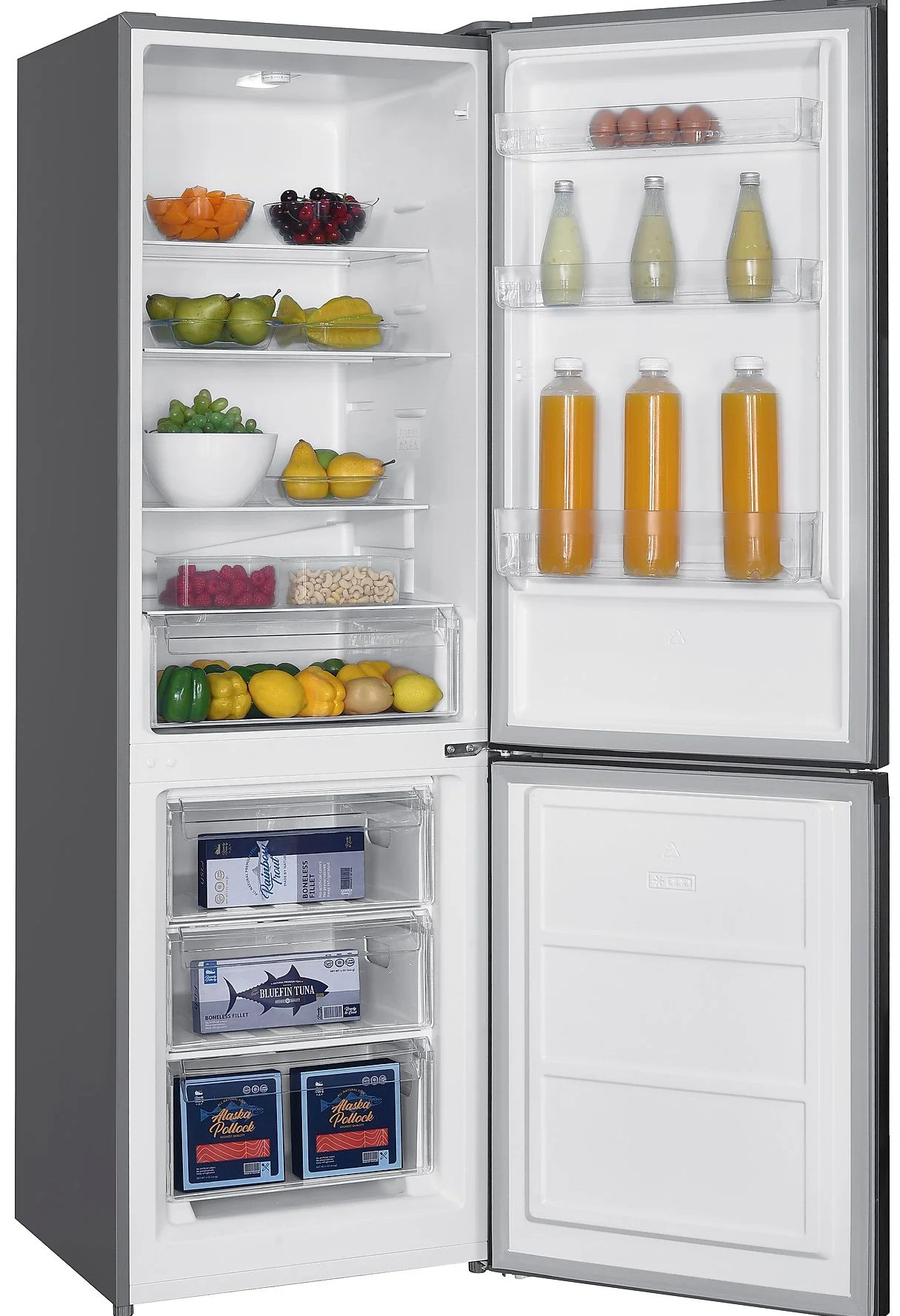 Lodówka z paczkami ryb, owocami i warzywami w środku.