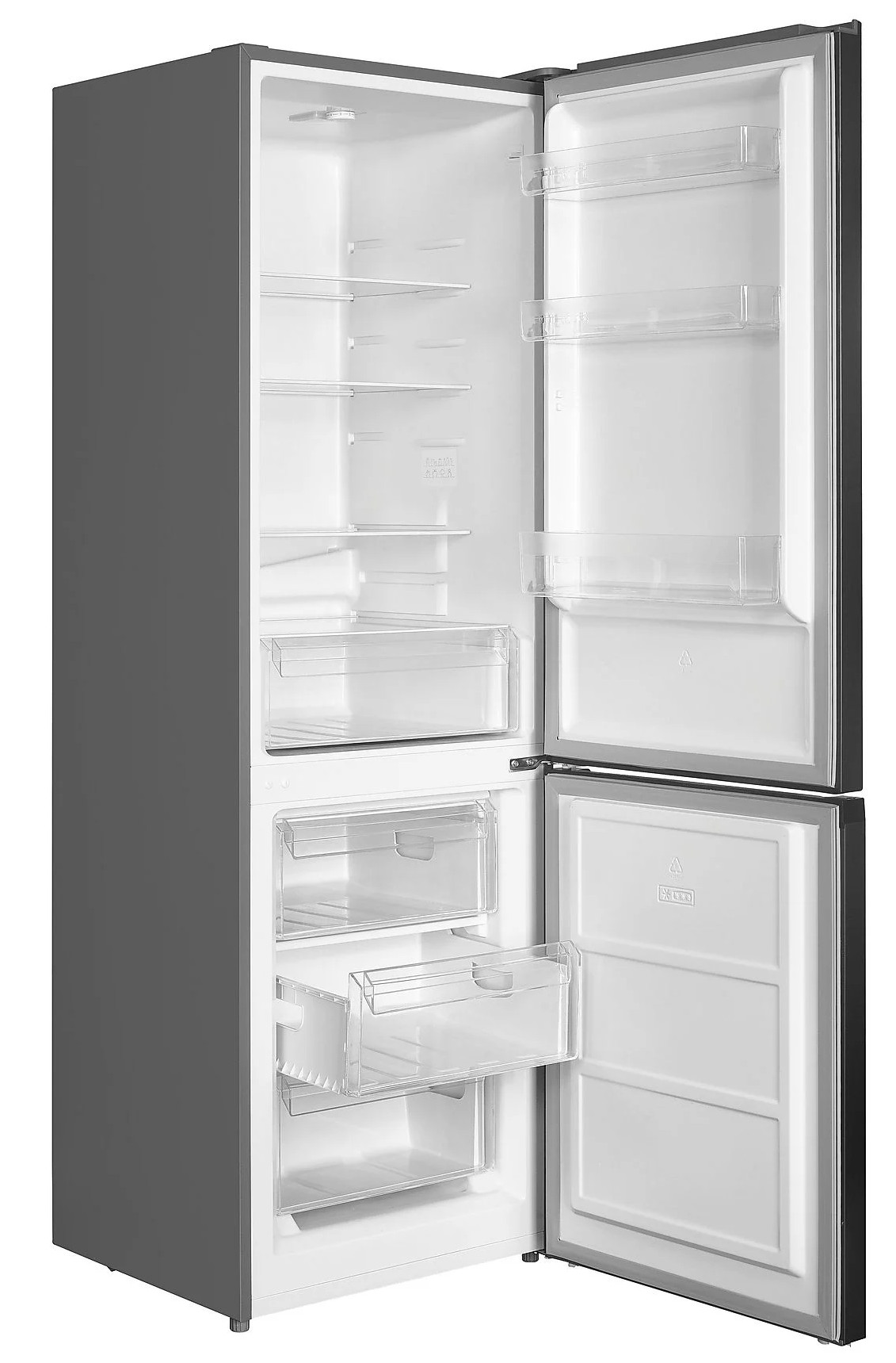 Otwarta szara lodówka z białym wnętrzem. Widoczne półki, szuflady i przegrody drzwi. Drzwi są uchylone, pokazując zawartość.