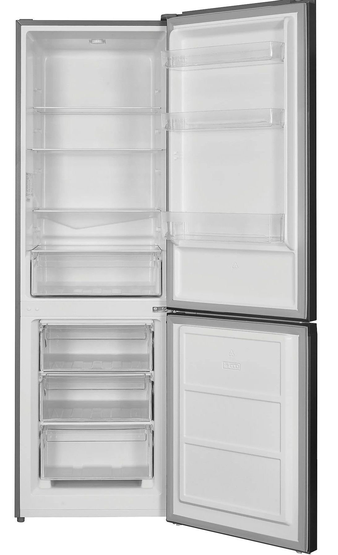 Otwarta lodówka. W środku znajdują się półki, szuflady i przegrody. Górna część i zamrażarka są otwarte.