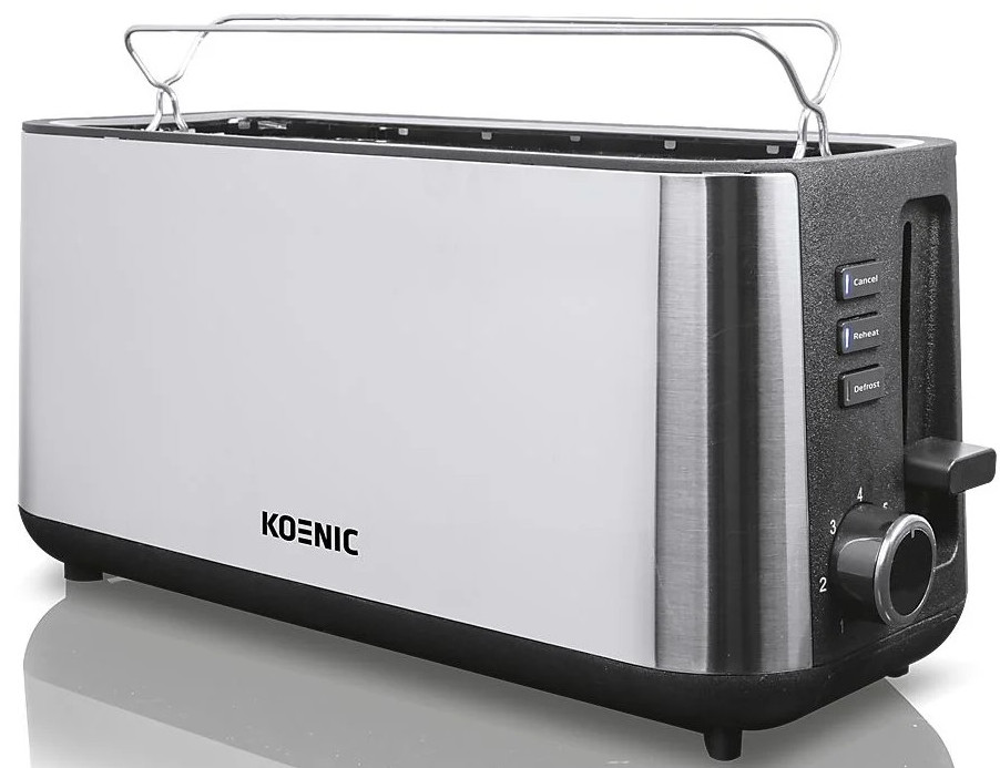 Toster Koenic ze stali nierdzewnej z czarną podstawą i elementami sterującymi. Posiada uchwyt i przyciski do anulowania, podgrzewania i rozmrażania.