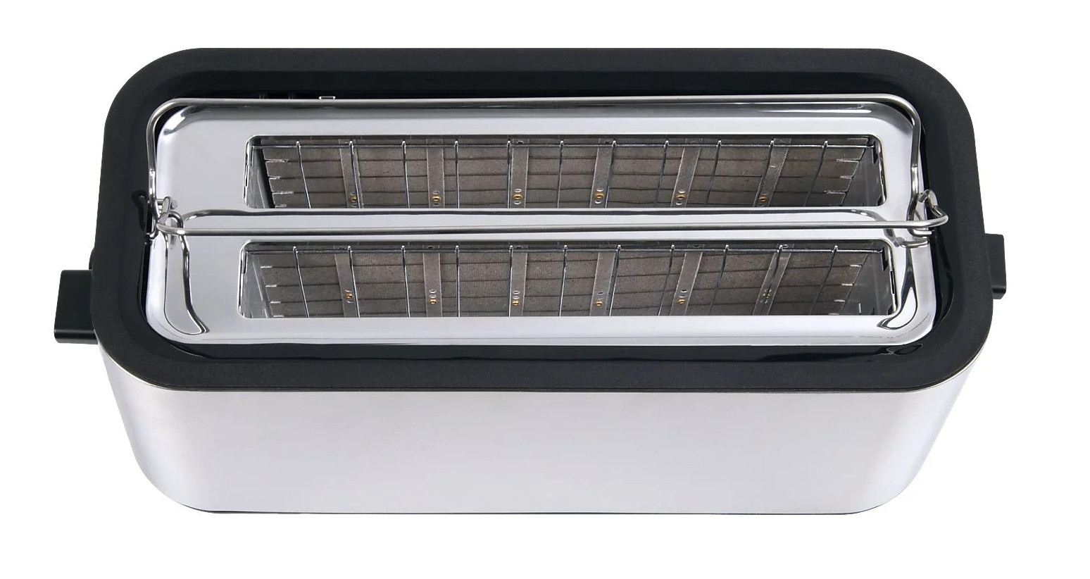 Chromowany toster z czarnym obramowaniem. Widoczne są dwa otwory, z wewnętrznymi elementami grzewczymi. Podstawa jest srebrna.