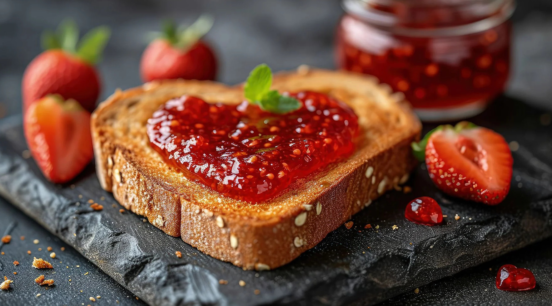 Tost z dżemem w kształcie serca, truskawkami i słoikiem. Listek mięty na toście. Ciemna powierzchnia.