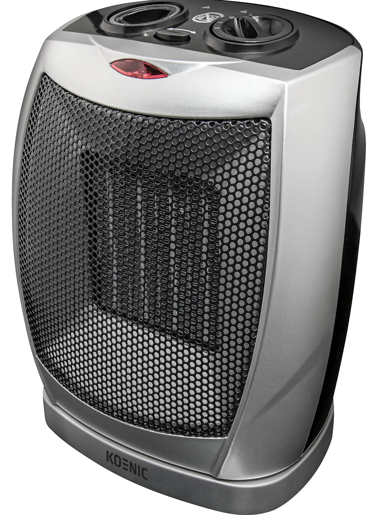 Srebrno-czarny elektryczny grzejnik. Ma siatkowy przód, pokrętła sterowania i czerwoną lampkę kontrolną.