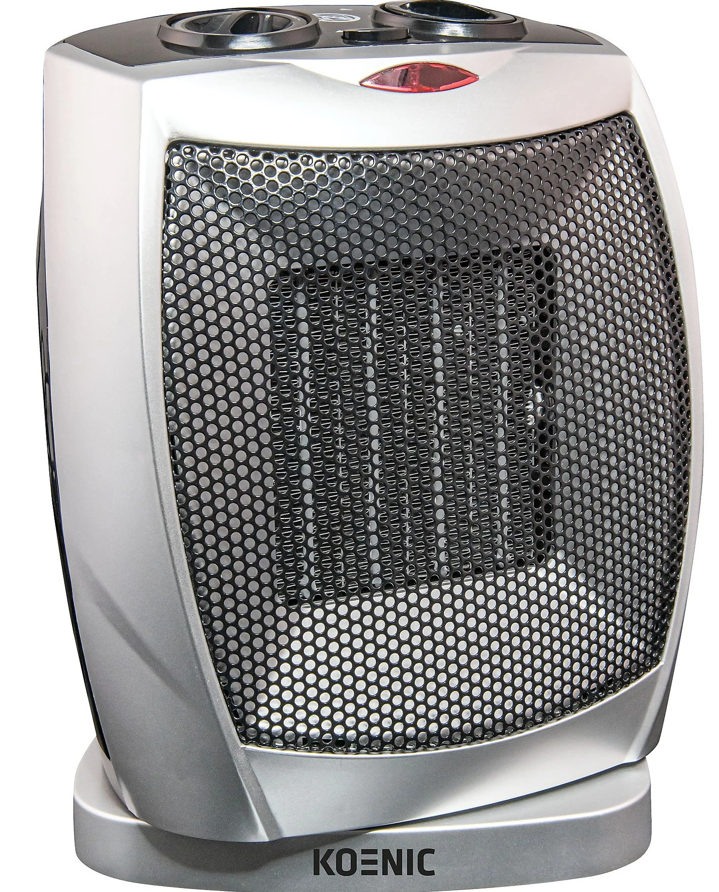 Srebrno-czarny grzejnik elektryczny Koenic. Posiada siatkowy przód, pokrętła sterowania i czerwoną lampkę kontrolną.