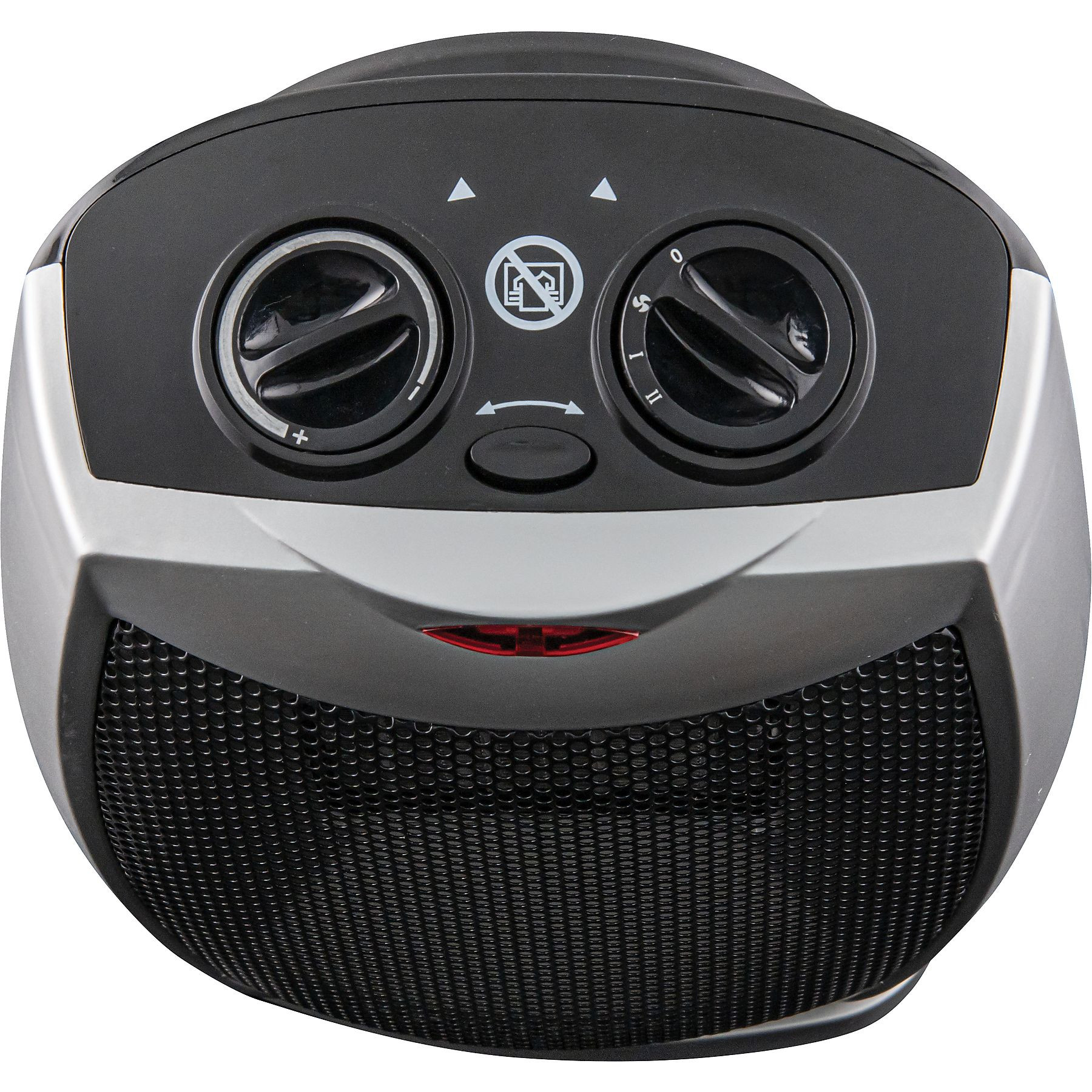 Grzejnik elektryczny z czarnymi kontrolkami, srebrną ramą i siatką. Ma dwa pokrętła i czerwoną lampkę kontrolną.