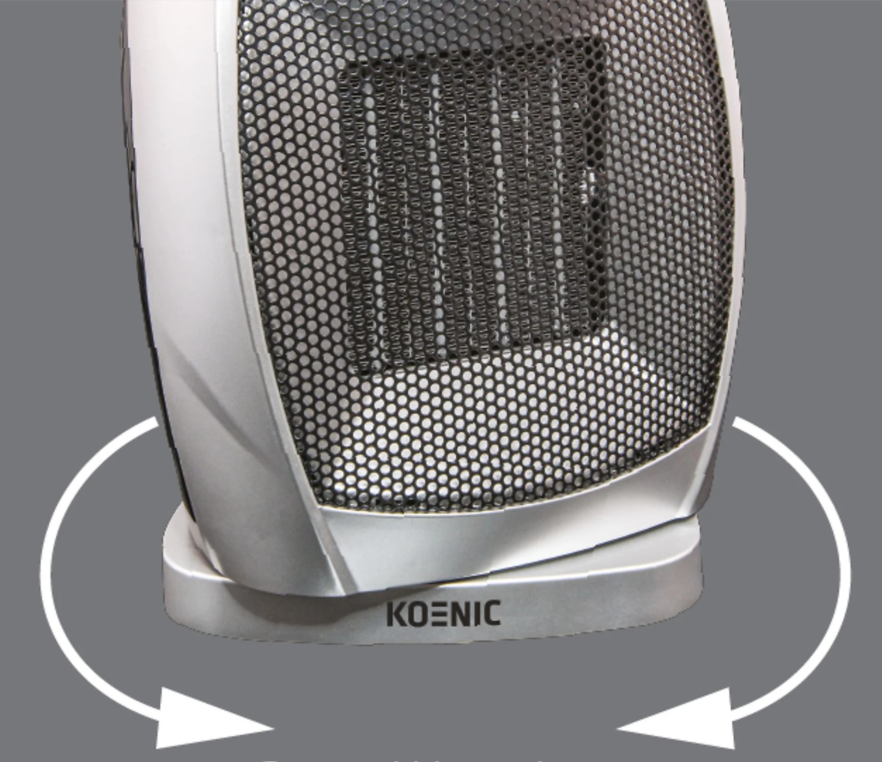 Srebrno-czarny grzejnik KOENIC. Strzałki wskazują możliwość obrotu. Szare tło.