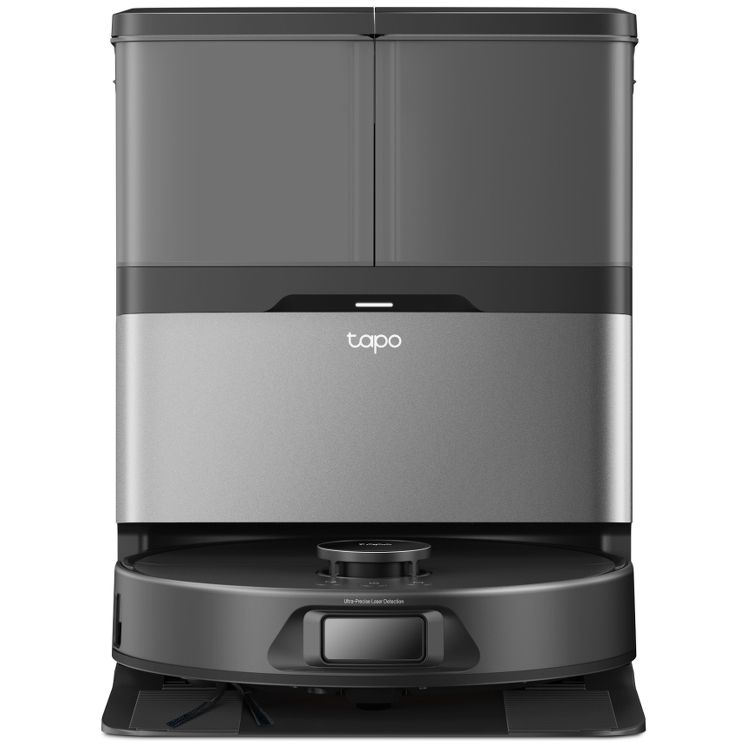 A gray and black robotic vacuum cleaner with a docking station. It has a boxy design with the 'tapo' logo.