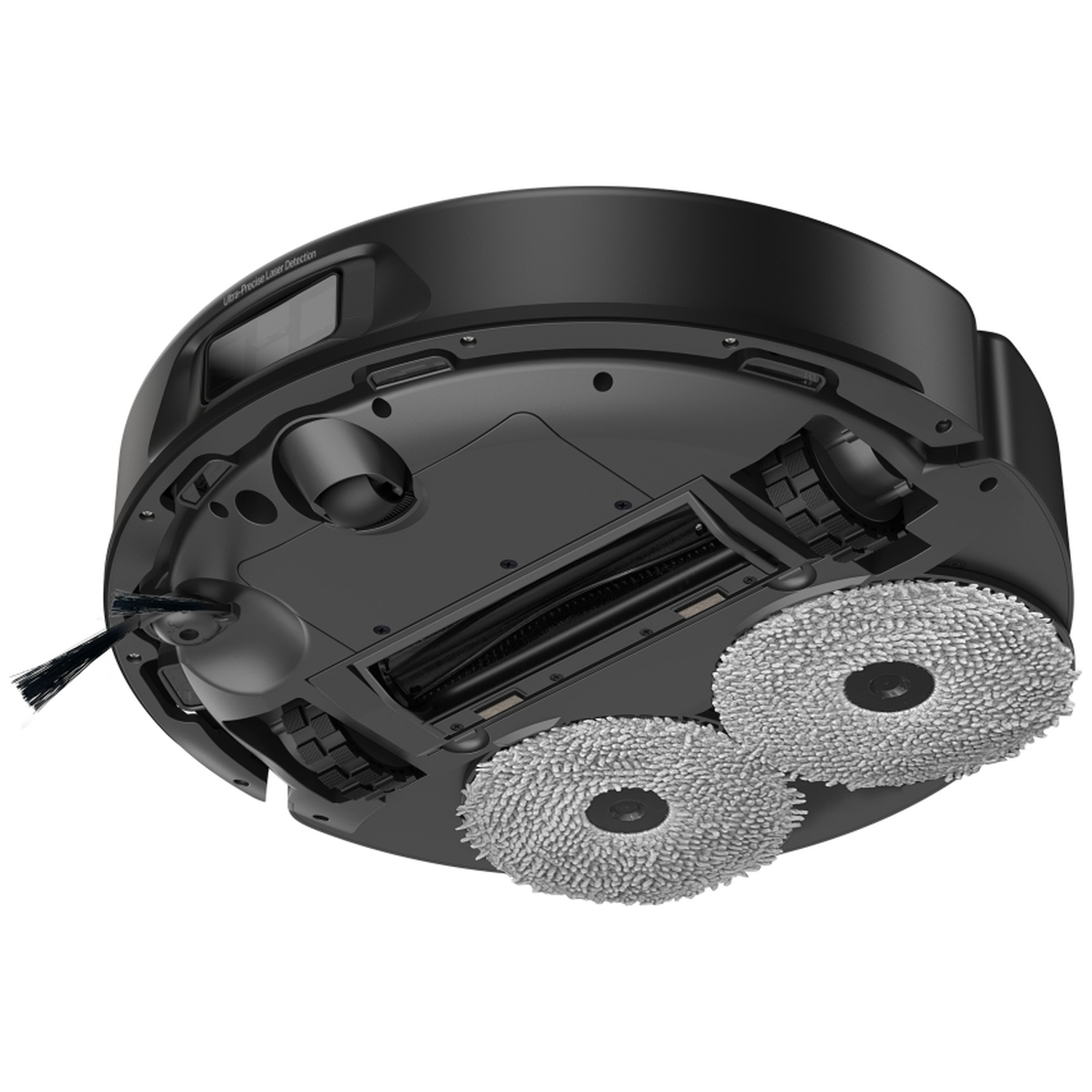 Black robot vacuum cleaner, underside view, with cleaning brushes and pads. Label reads 'Ultra-Precise Laser Detection'.