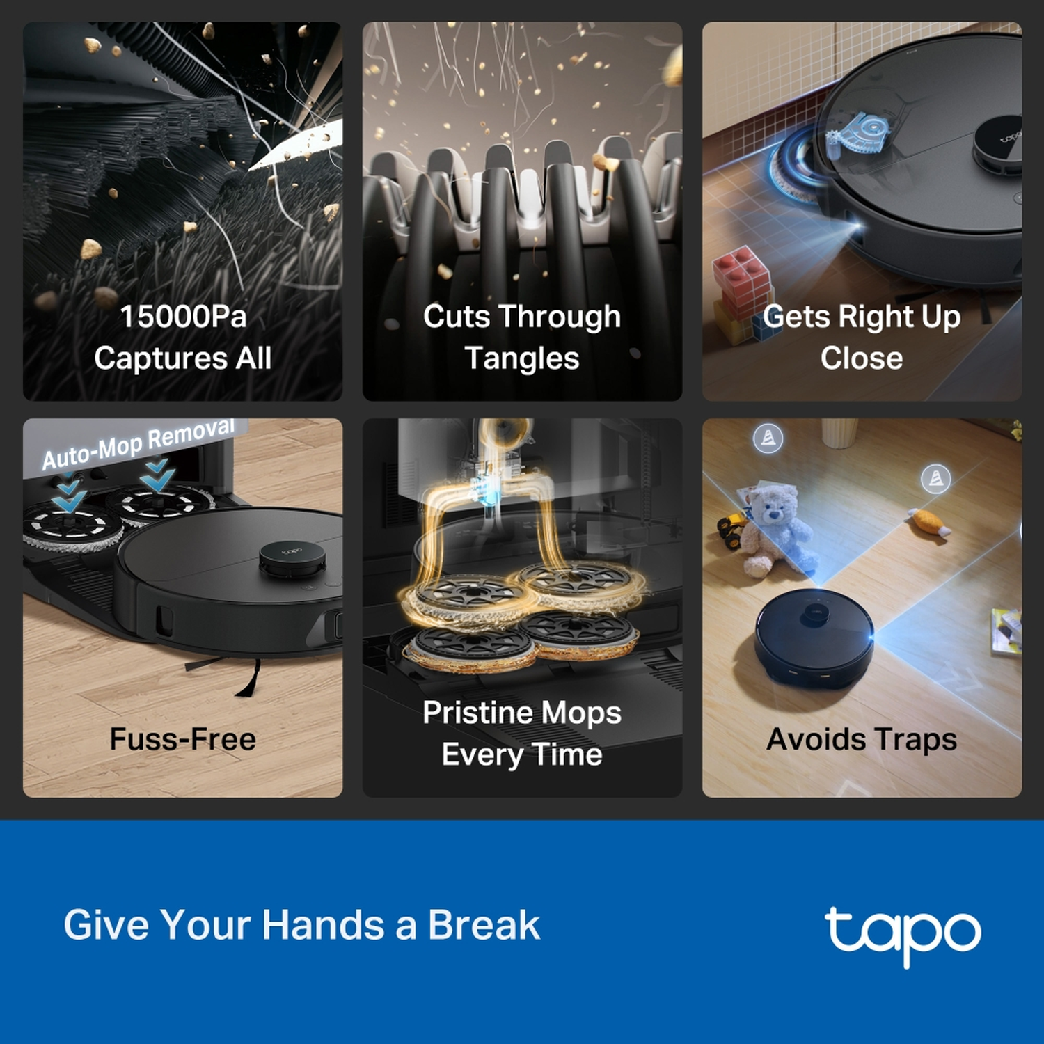 Image shows a robot vacuum cleaner cleaning. Captures all dirt, cuts tangles, gets close, fuss-free, pristine mops, avoids traps.