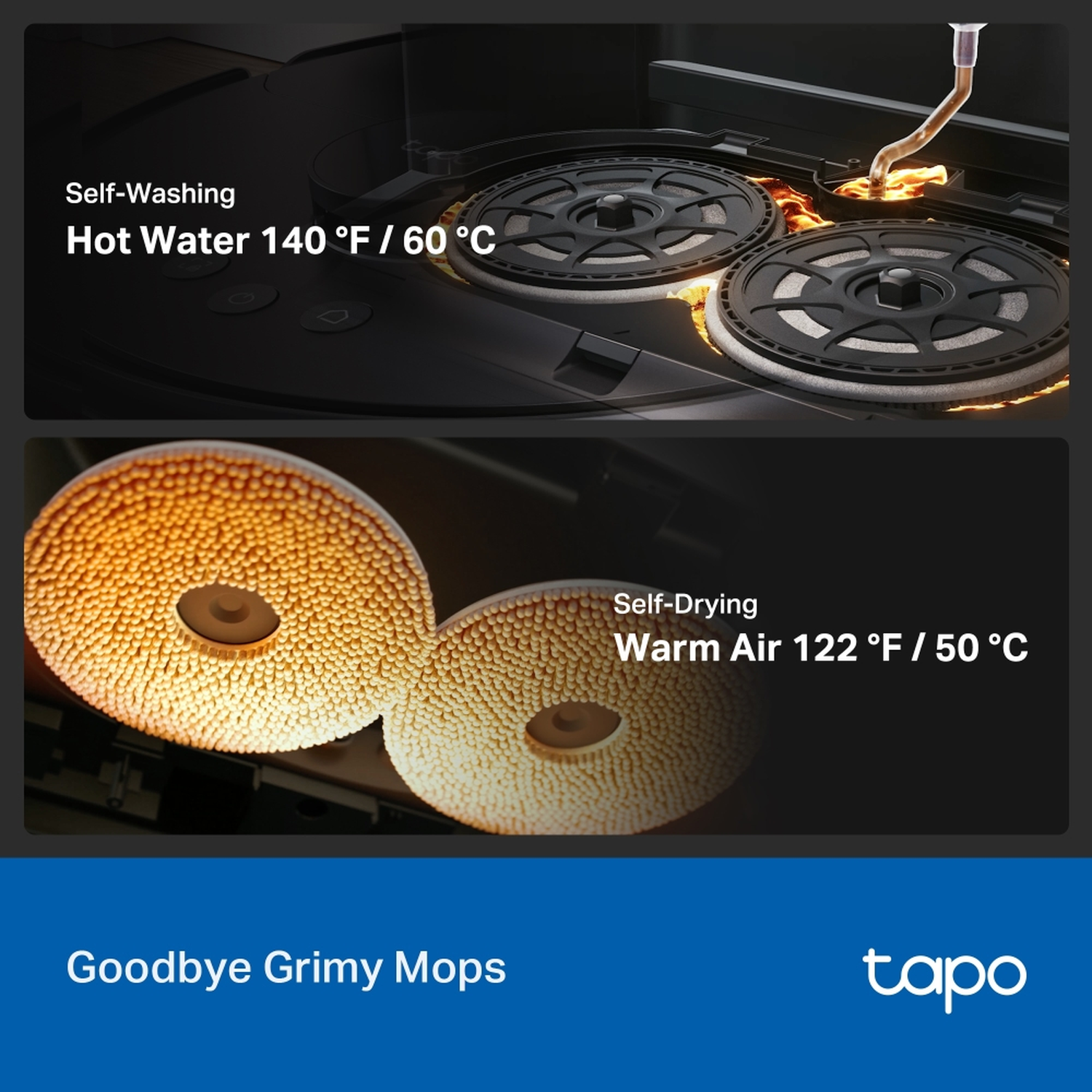 Image shows a cleaning robot with two circular pads. It has self-washing with hot water and self-drying with warm air. The text says Goodbye Grimy Mops.