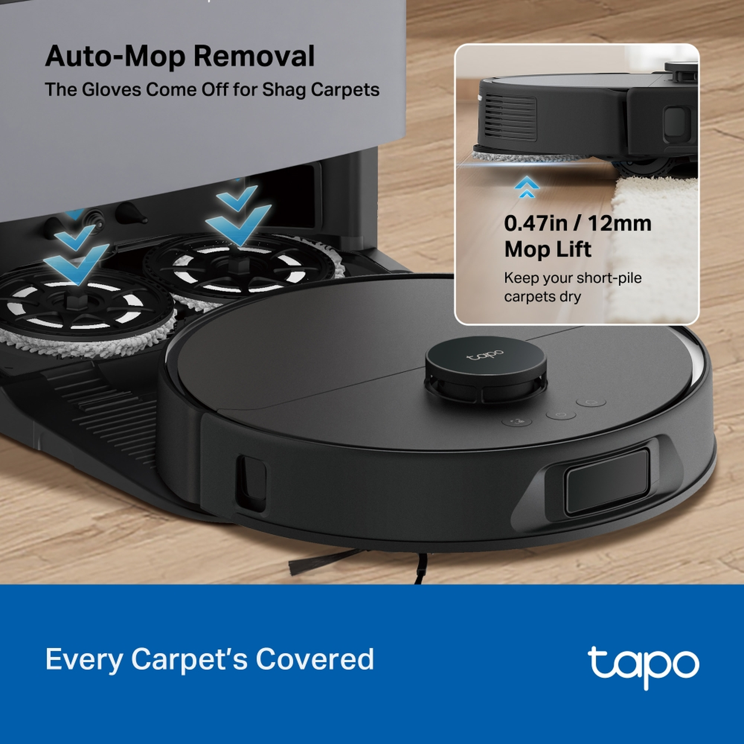 A black robotic vacuum cleaner with a mop lift feature is shown. It has a charging station and is labeled as 'Auto-Mop Removal'.