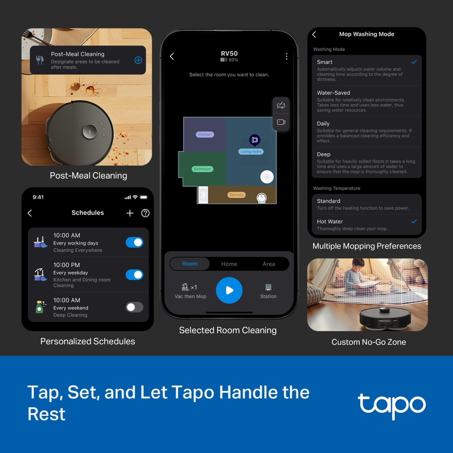 Screens showing a robot vacuum, room selection, mopping modes, and cleaning schedules. The Tapo logo is at the bottom.