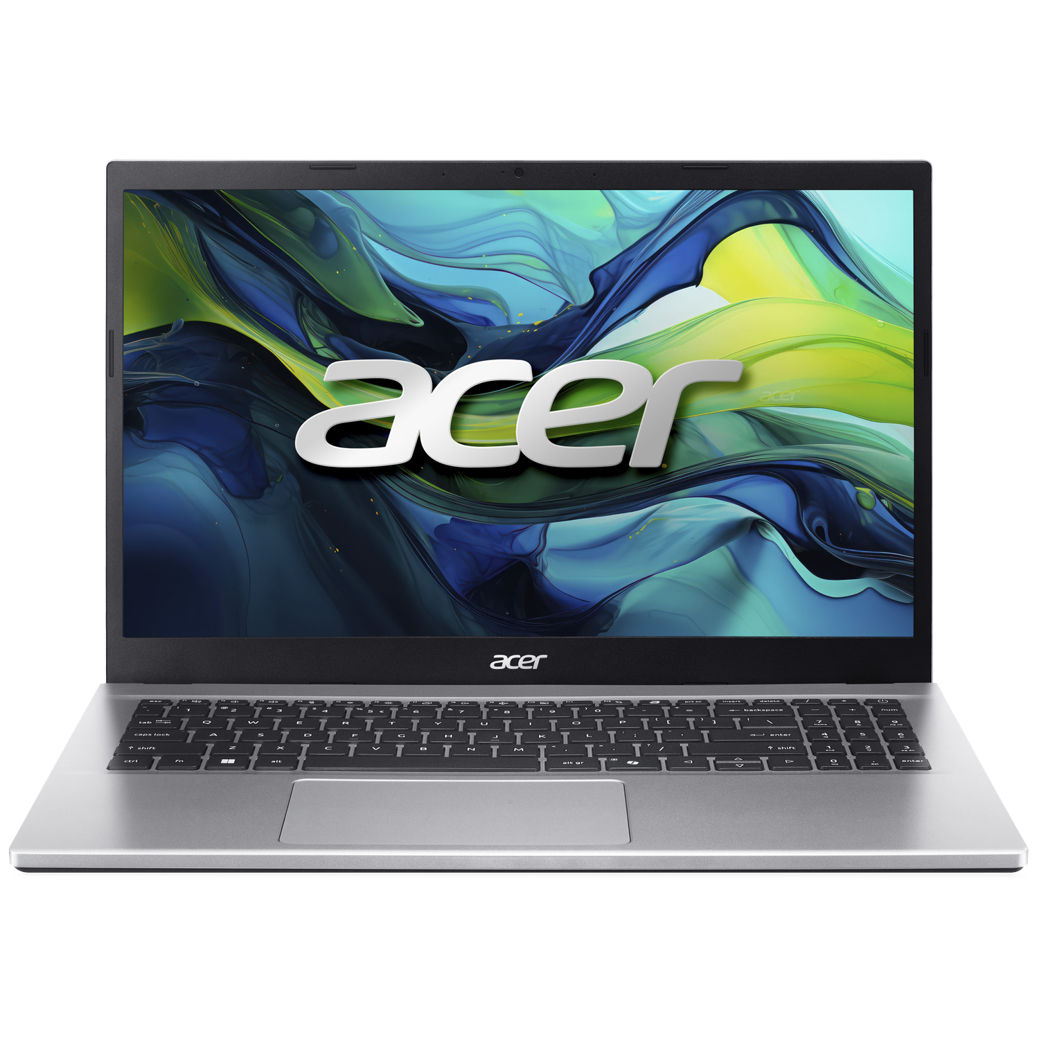 Zilveren Acer-laptop open op een wit oppervlak. Het scherm toont een kleurrijk abstract ontwerp met het Acer-logo.
