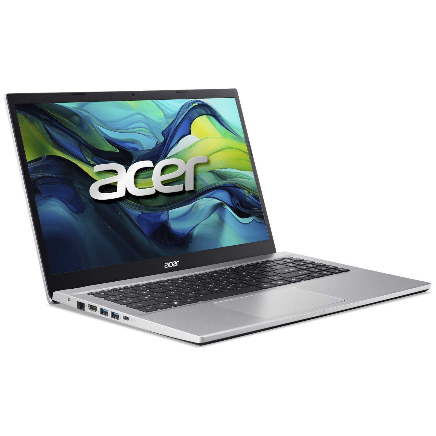 Zilveren Acer-laptop opengeklapt, scherm toont groen en blauw ontwerp. Toetsenbord en touchpad zichtbaar. Witte achtergrond.
